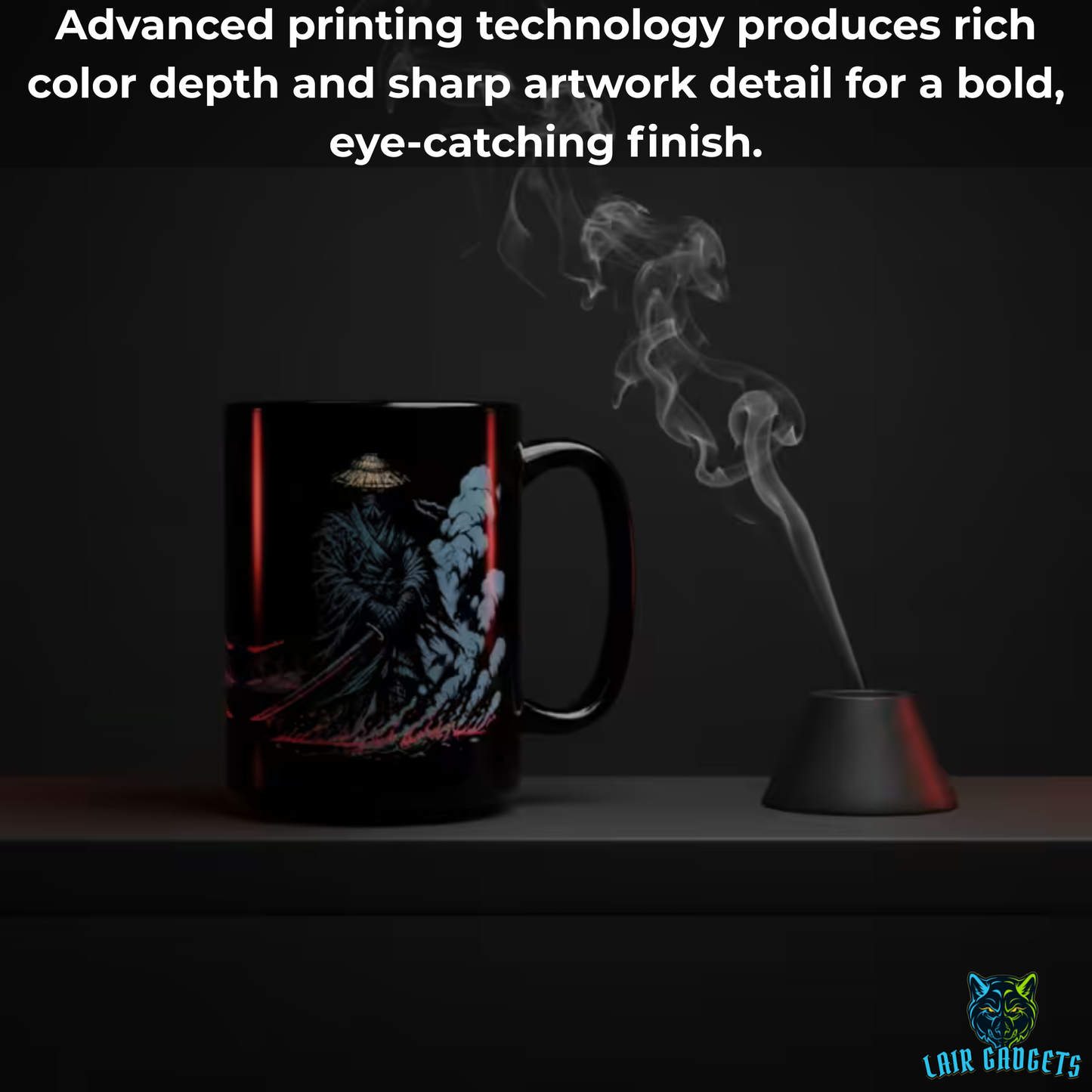 Ghost Samurai Mug – Black Ceramic Shadow Warrior Coffee Mug for Dark Aesthetic and Fantasy Decor Fans – 15oz – by Lair Gadgets