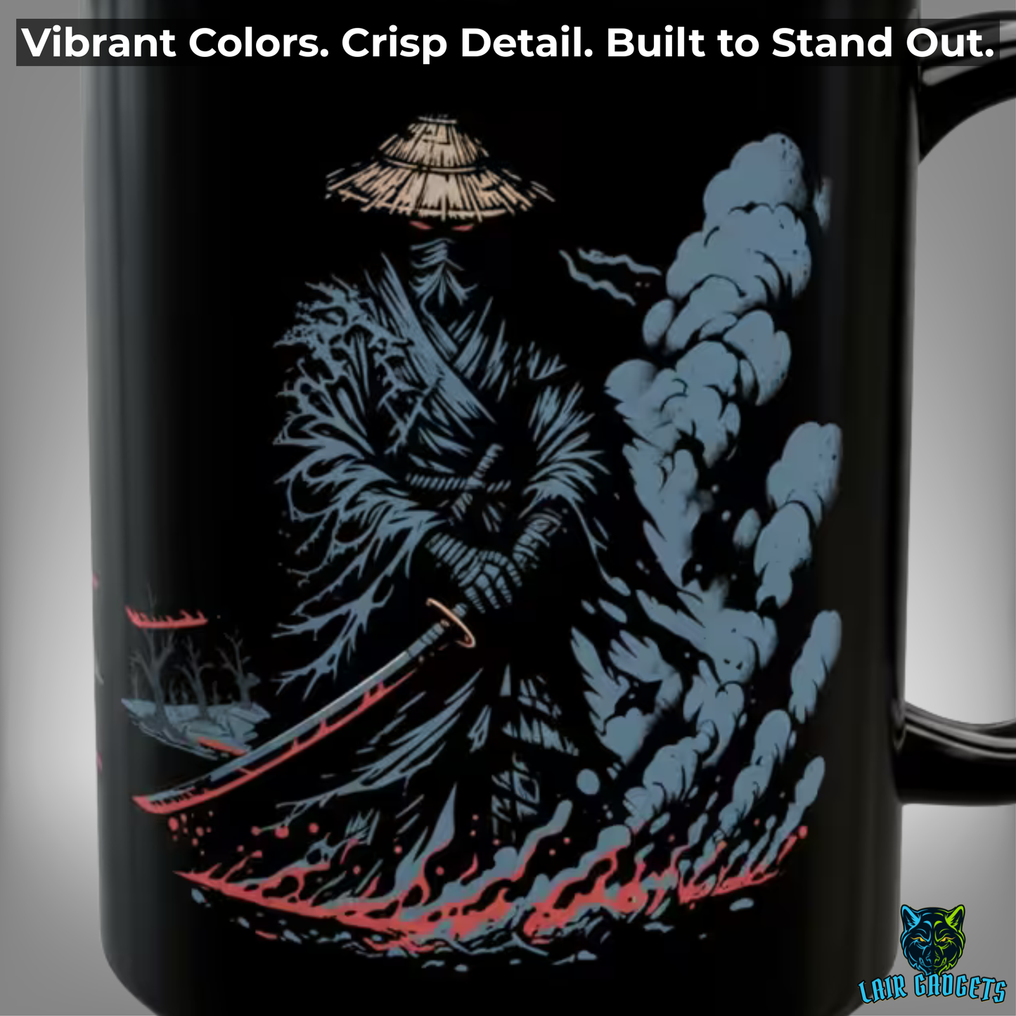 Ghost Samurai Mug – Black Ceramic Shadow Warrior Coffee Mug for Dark Aesthetic and Fantasy Decor Fans – 15oz – by Lair Gadgets