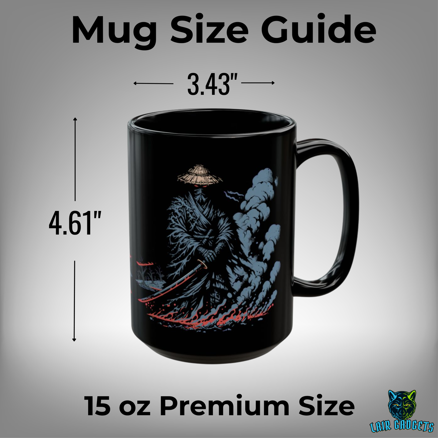 Ghost Samurai Mug – Black Ceramic Shadow Warrior Coffee Mug for Dark Aesthetic and Fantasy Decor Fans – 15oz – by Lair Gadgets