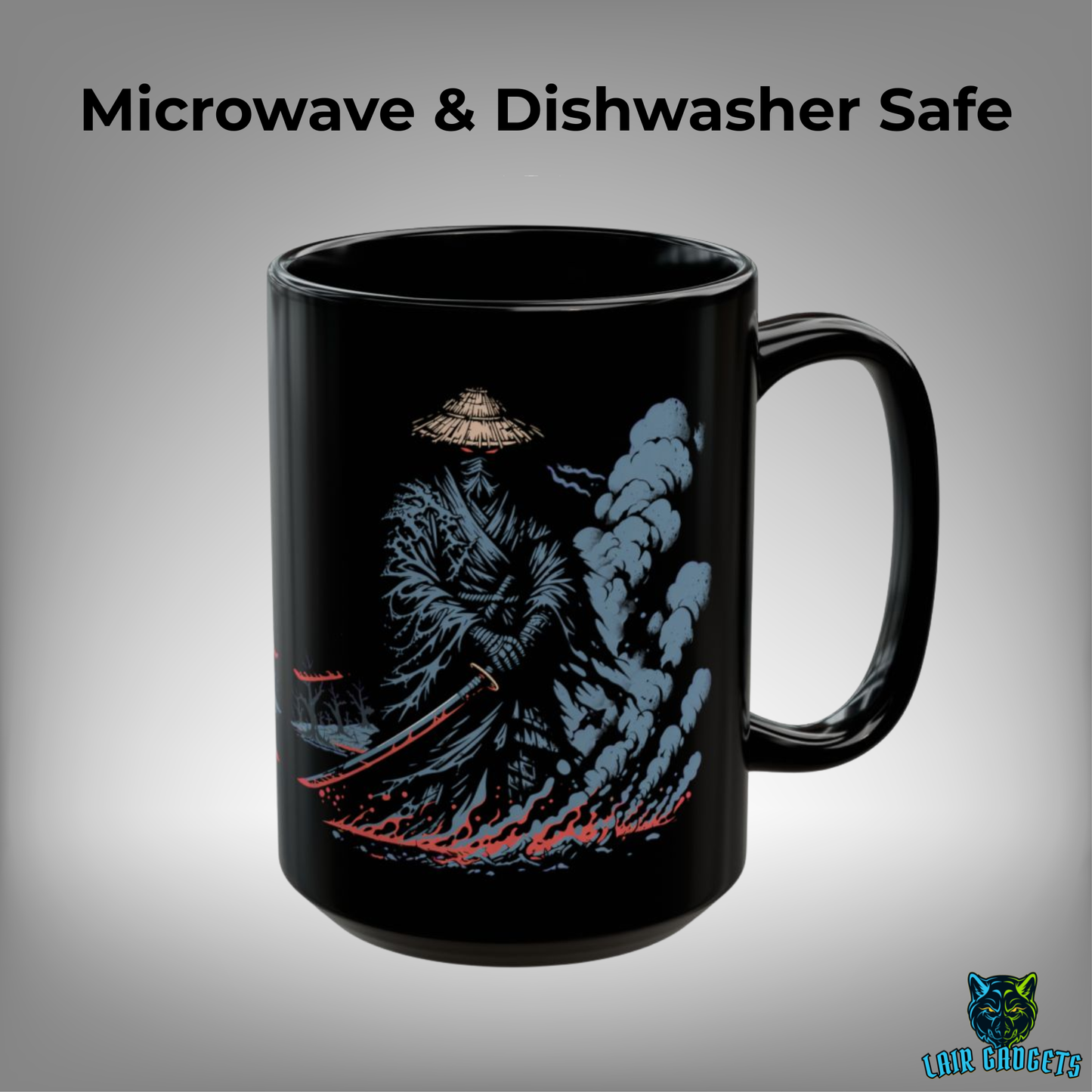 Ghost Samurai Mug – Black Ceramic Shadow Warrior Coffee Mug for Dark Aesthetic and Fantasy Decor Fans – 15oz – by Lair Gadgets