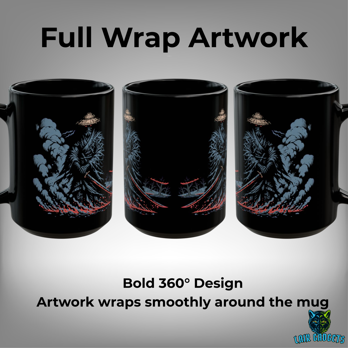 Ghost Samurai Mug – Black Ceramic Shadow Warrior Coffee Mug for Dark Aesthetic and Fantasy Decor Fans – 15oz – by Lair Gadgets