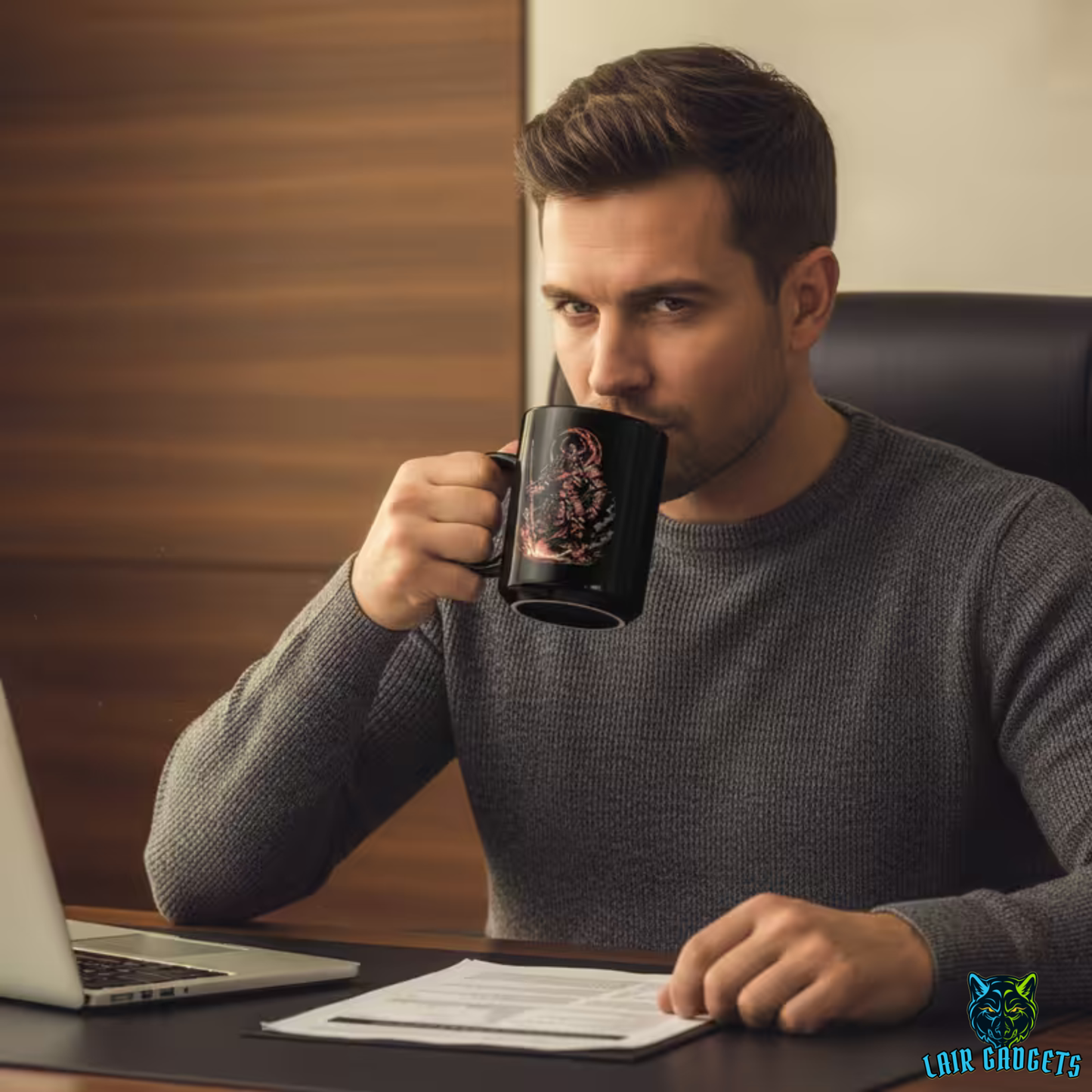 Samurai Warrior Mug – Black Ceramic Warrior Coffee Mug for Men and Masculine Desk Decor – 15oz – by Lair Gadgets