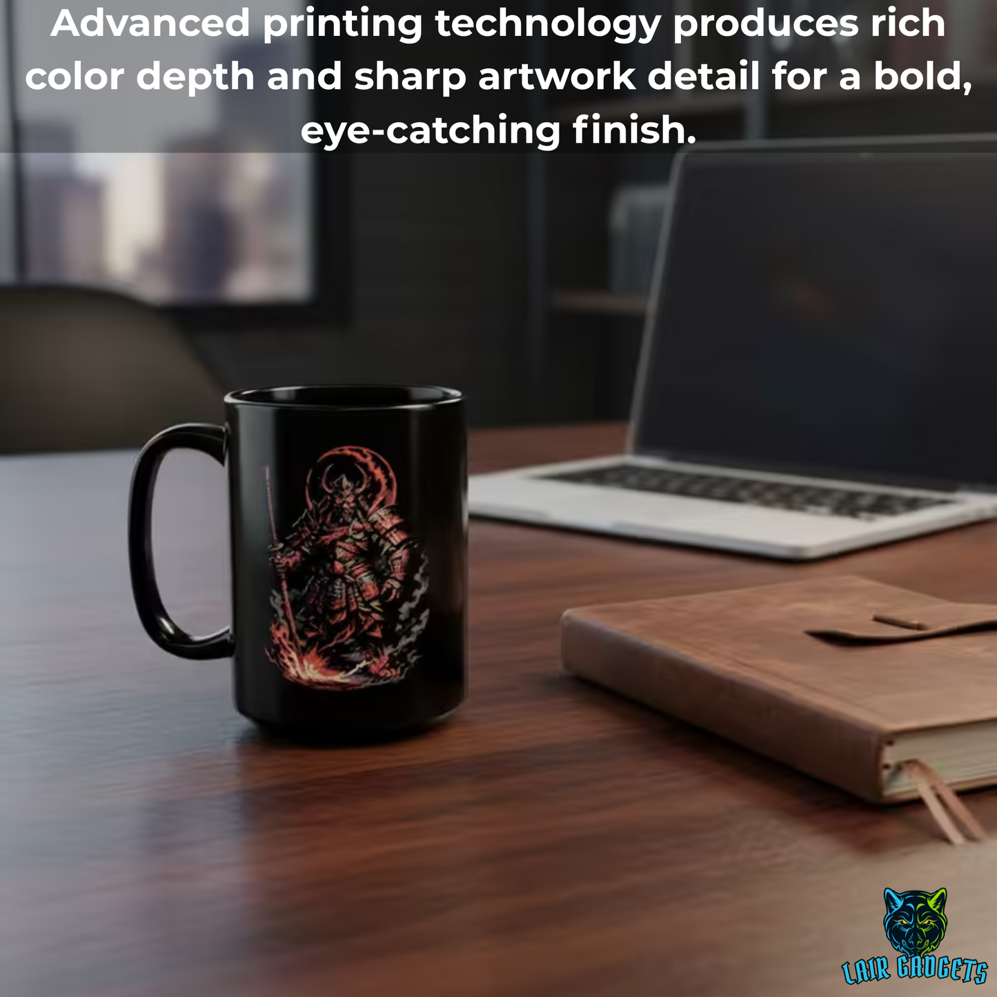 Samurai Warrior Mug – Black Ceramic Warrior Coffee Mug for Men and Masculine Desk Decor – 15oz – by Lair Gadgets