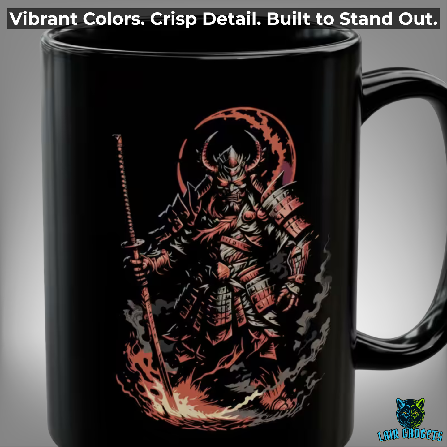 Samurai Warrior Mug – Black Ceramic Warrior Coffee Mug for Men and Masculine Desk Decor – 15oz – by Lair Gadgets