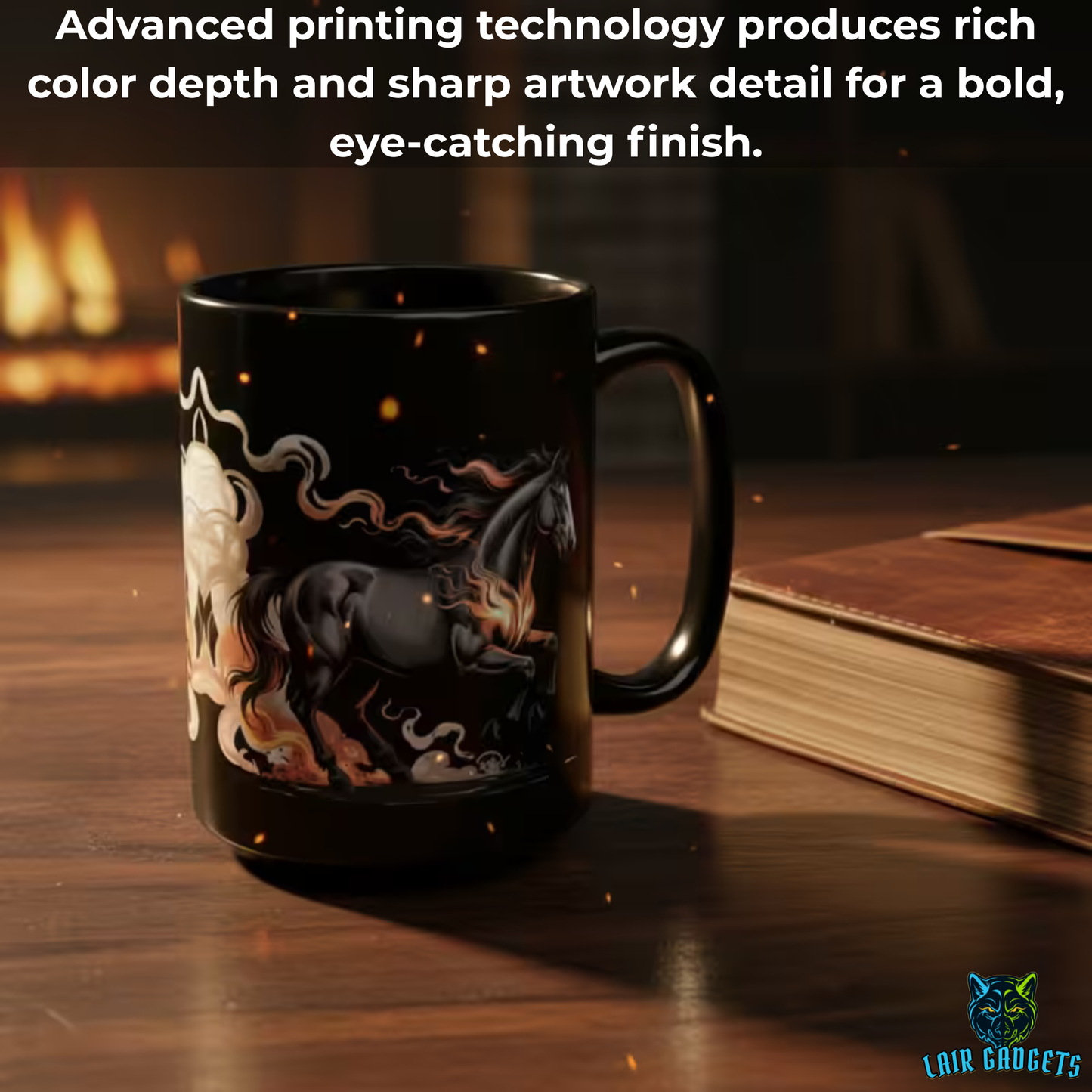 Fire Horse Mug – Black Ceramic Horse Coffee Mug for Dark Decor and Horse Art Fans – 15oz – by Lair Gadgets