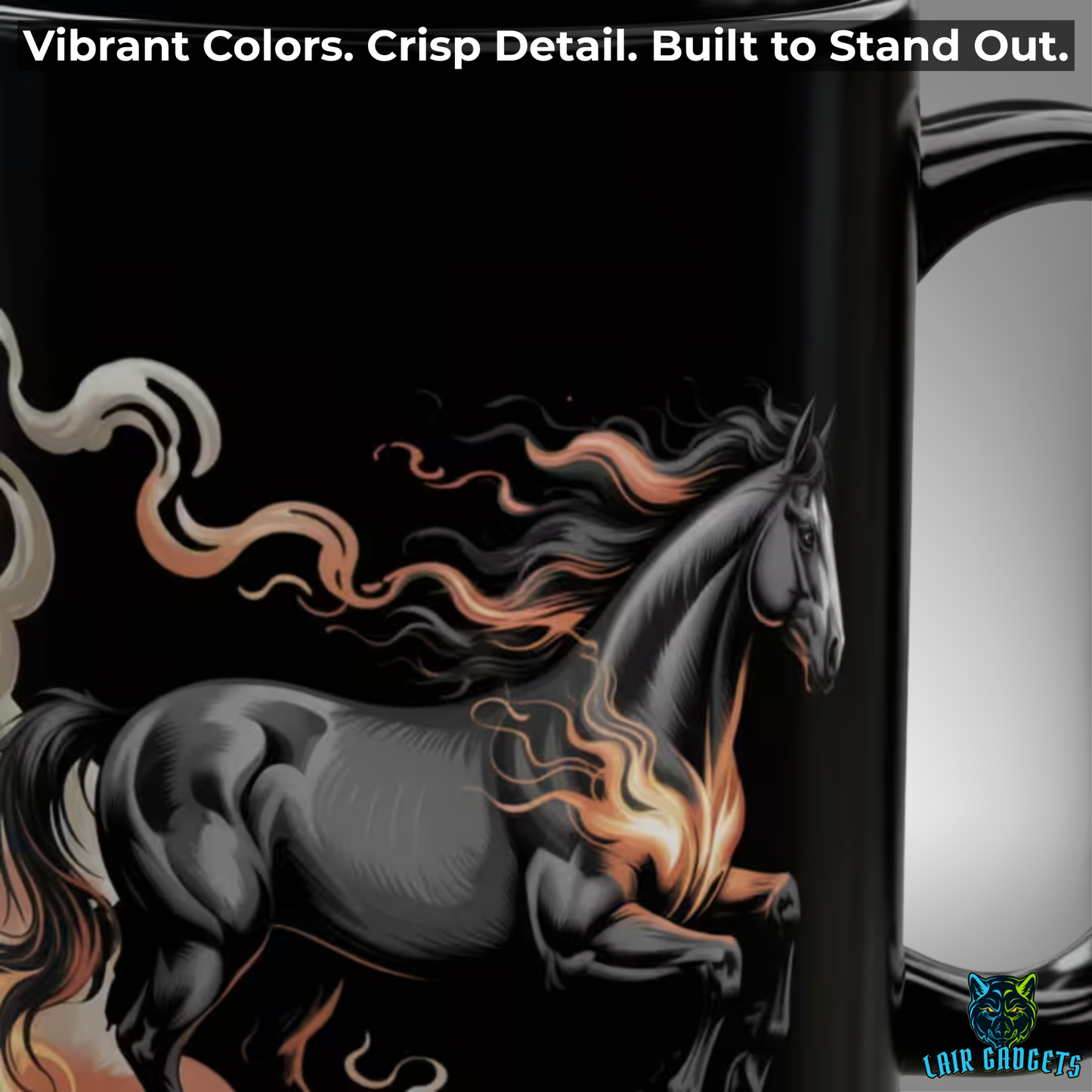 Fire Horse Mug – Black Ceramic Horse Coffee Mug for Dark Decor and Horse Art Fans – 15oz – by Lair Gadgets