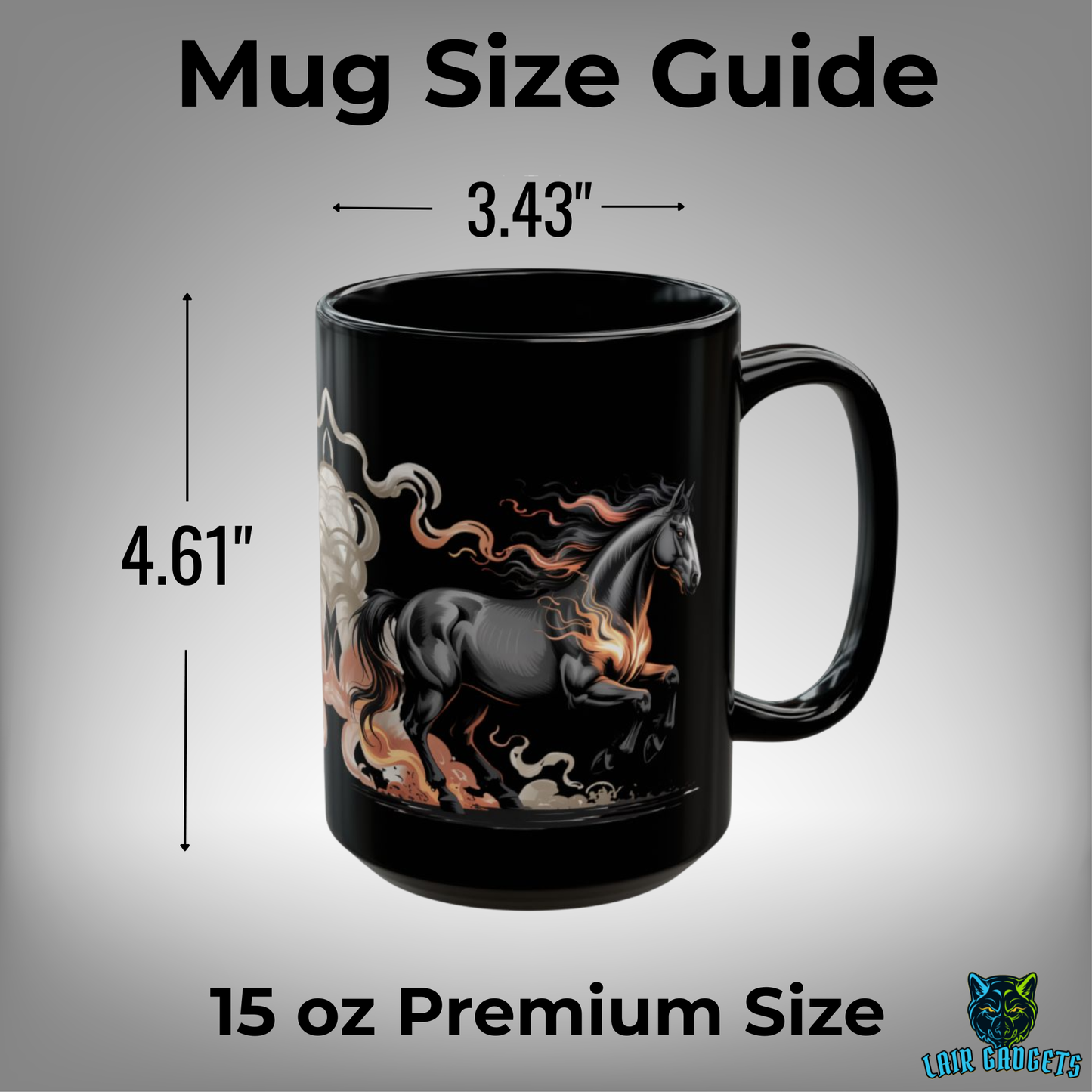 Fire Horse Mug – Black Ceramic Horse Coffee Mug for Dark Decor and Horse Art Fans – 15oz – by Lair Gadgets