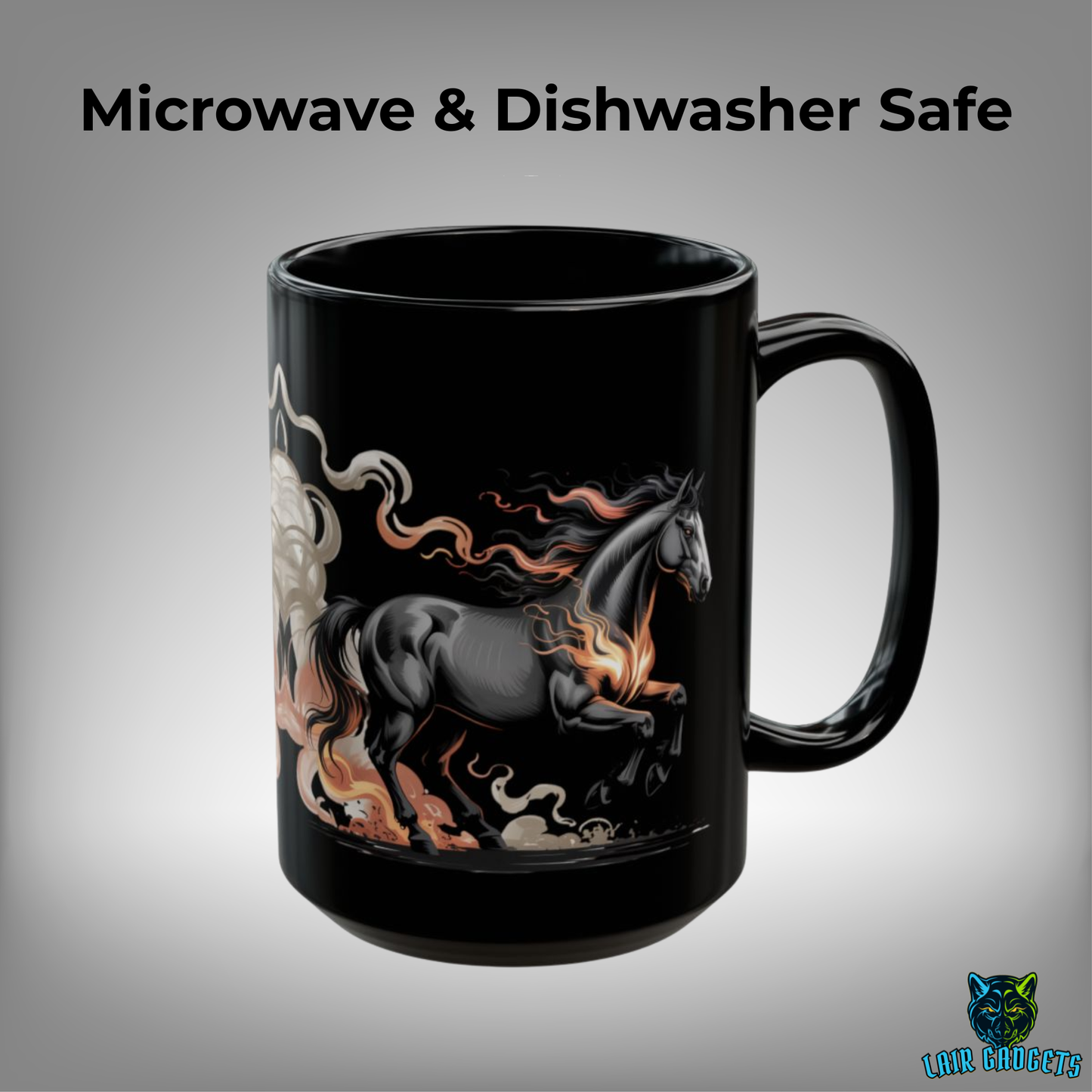 Fire Horse Mug – Black Ceramic Horse Coffee Mug for Dark Decor and Horse Art Fans – 15oz – by Lair Gadgets