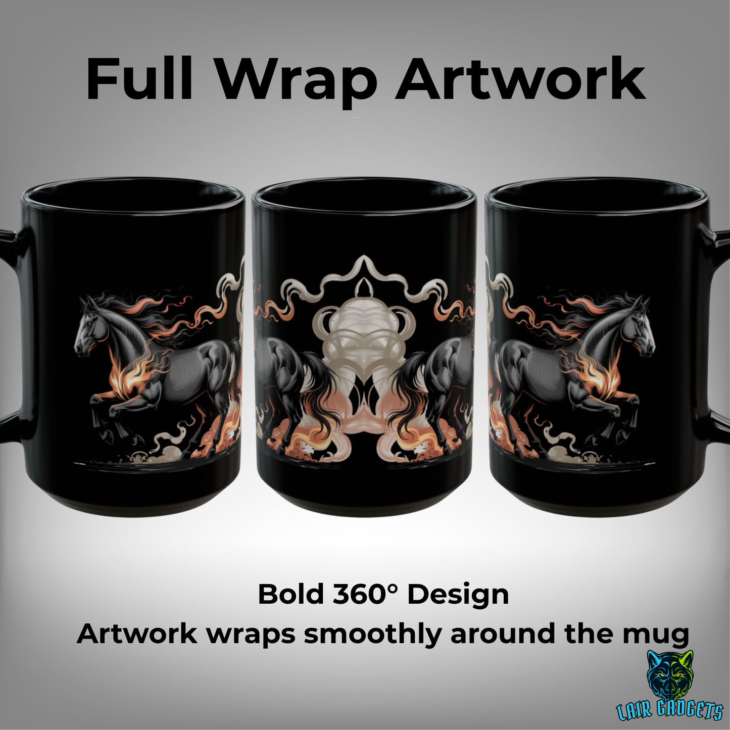 Fire Horse Mug – Black Ceramic Horse Coffee Mug for Dark Decor and Horse Art Fans – 15oz – by Lair Gadgets
