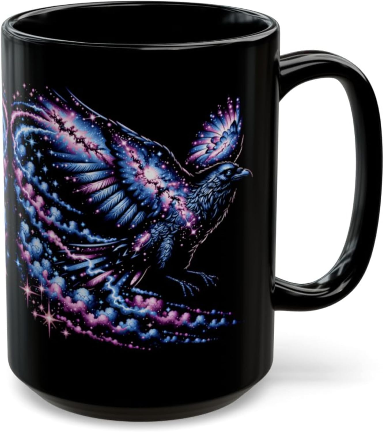 Raven Coffee Mug Cosmic Raven Design Black Ceramic 15oz Fantasy Bird Art
