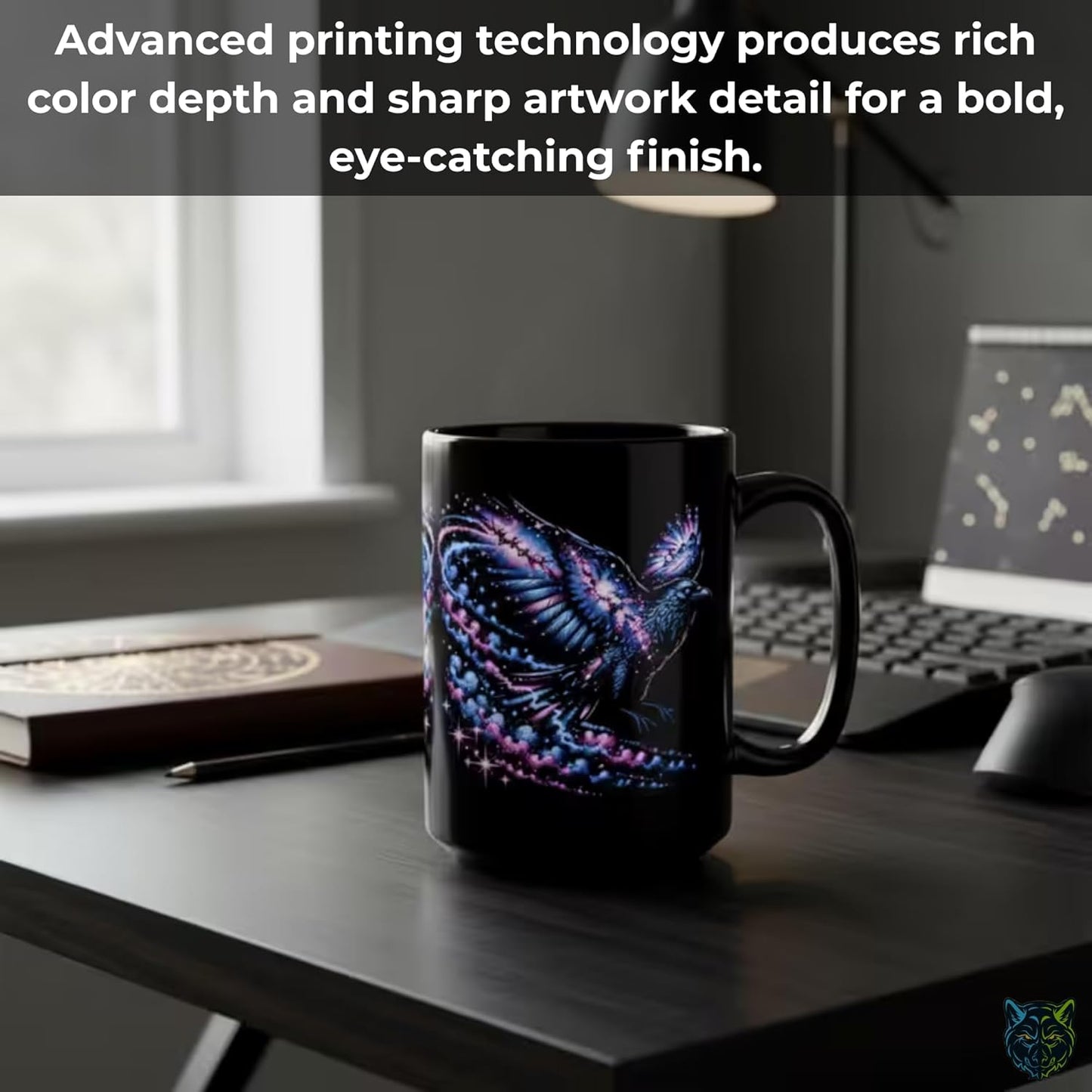 Raven Coffee Mug Cosmic Raven Design Black Ceramic 15oz Fantasy Bird Art