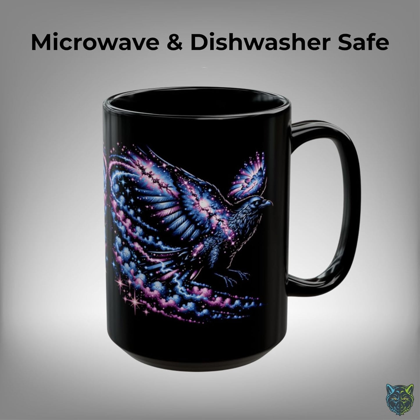 Raven Coffee Mug Cosmic Raven Design Black Ceramic 15oz Fantasy Bird Art