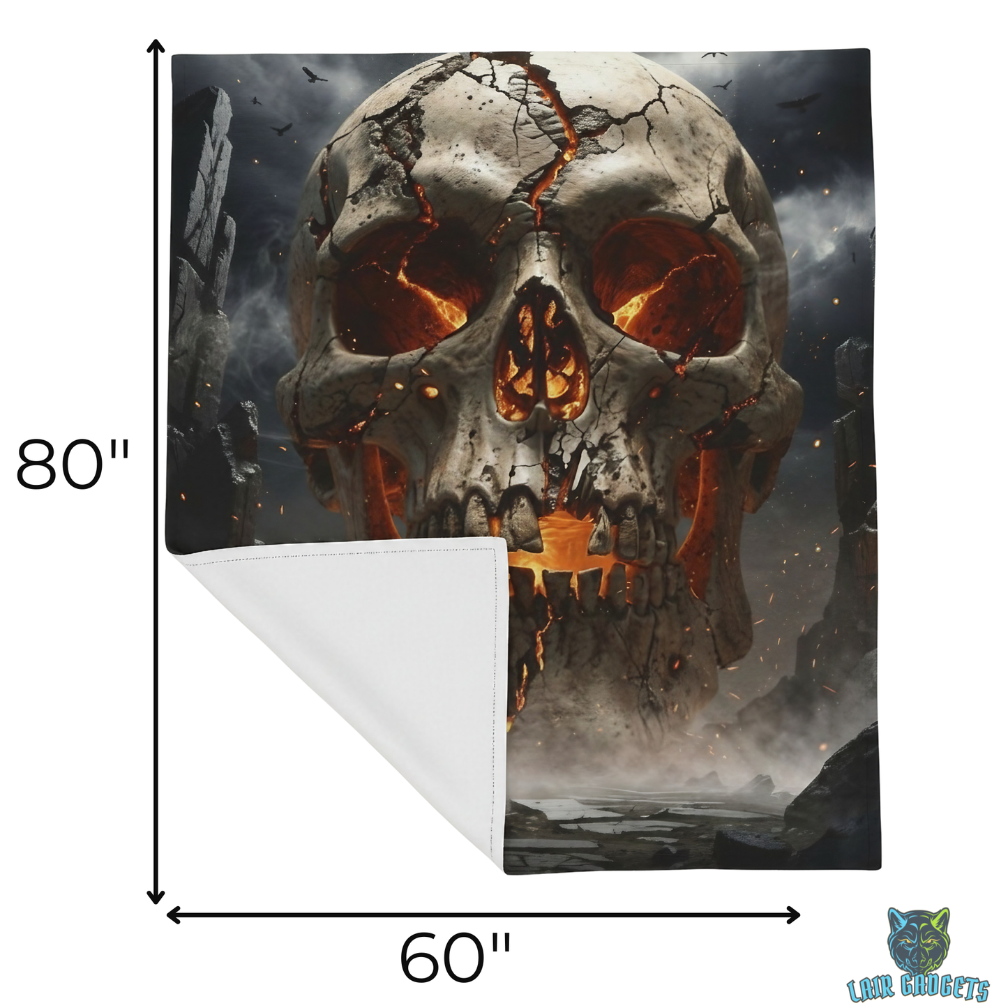 Skull Throw Blanket 60x80 – Gothic Plush Blanket for Couch Bed Sofa – Dark Fantasy Decor – Ember Skull Dominion by Lair Gadgets