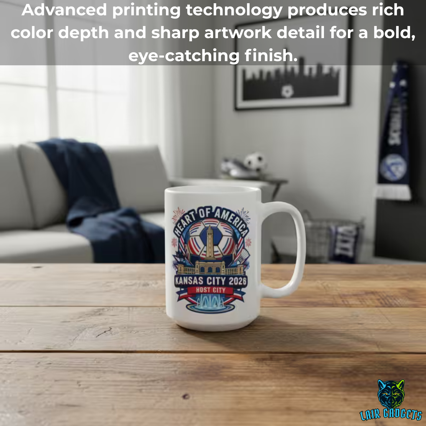 Kansas City Soccer Mug – Heart of America Host City Ceramic Coffee Mug for Soccer Fans and Kansas City Supporters – 15oz – by Lair Gadgets