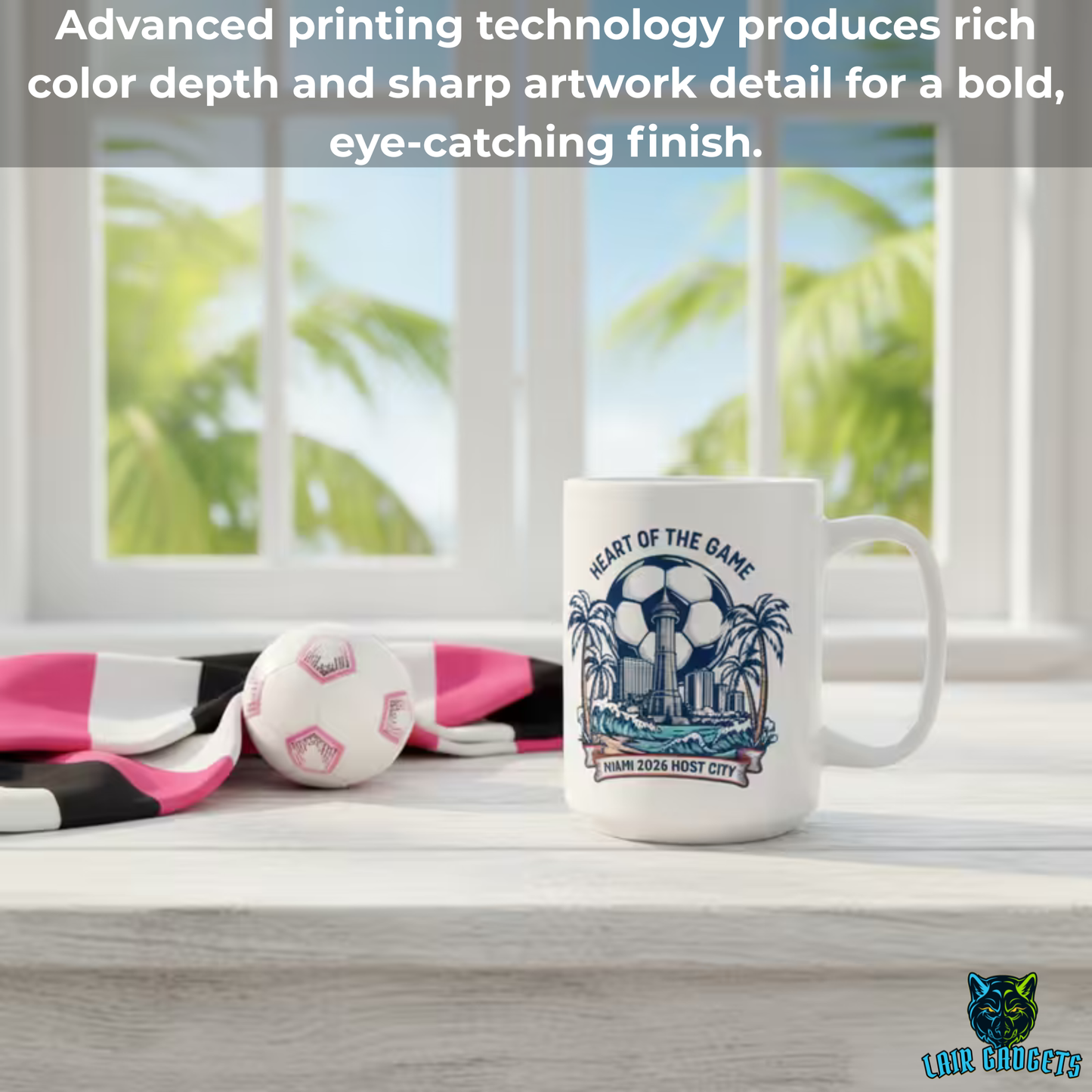 Miami Soccer Mug – Miami 2026 Host City Coffee Mug for Soccer Fans – 15oz – by Lair Gadgets