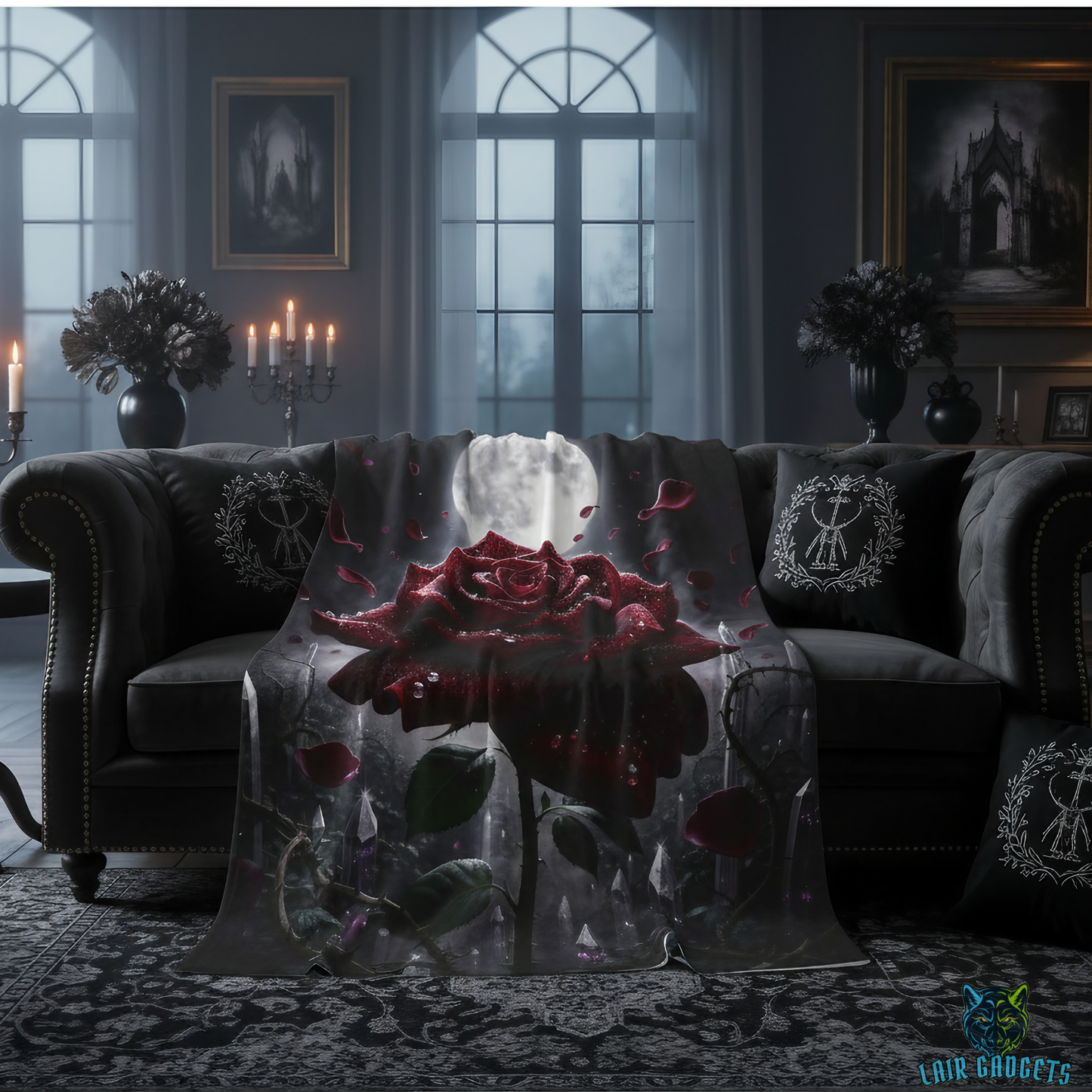 Rose Throw Blanket 60x80 – Gothic Floral Plush Blanket for Couch Bed Sofa – Dark Romance Decor – Crimson Moon Bloom by Lair Gadgets