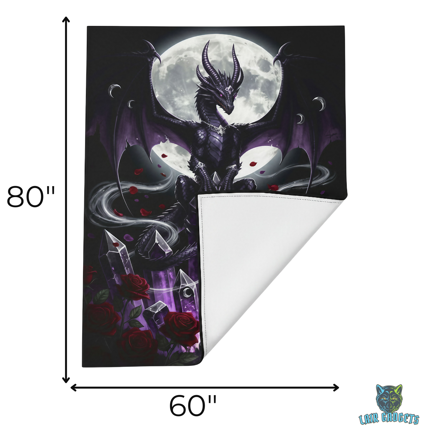 Dragon Throw Blanket  – Plush Gothic Fantasy Blanket for Couch Bed Sofa – Crystal Dragon Decor – Moonlit Obsidian by Lair Gadgets