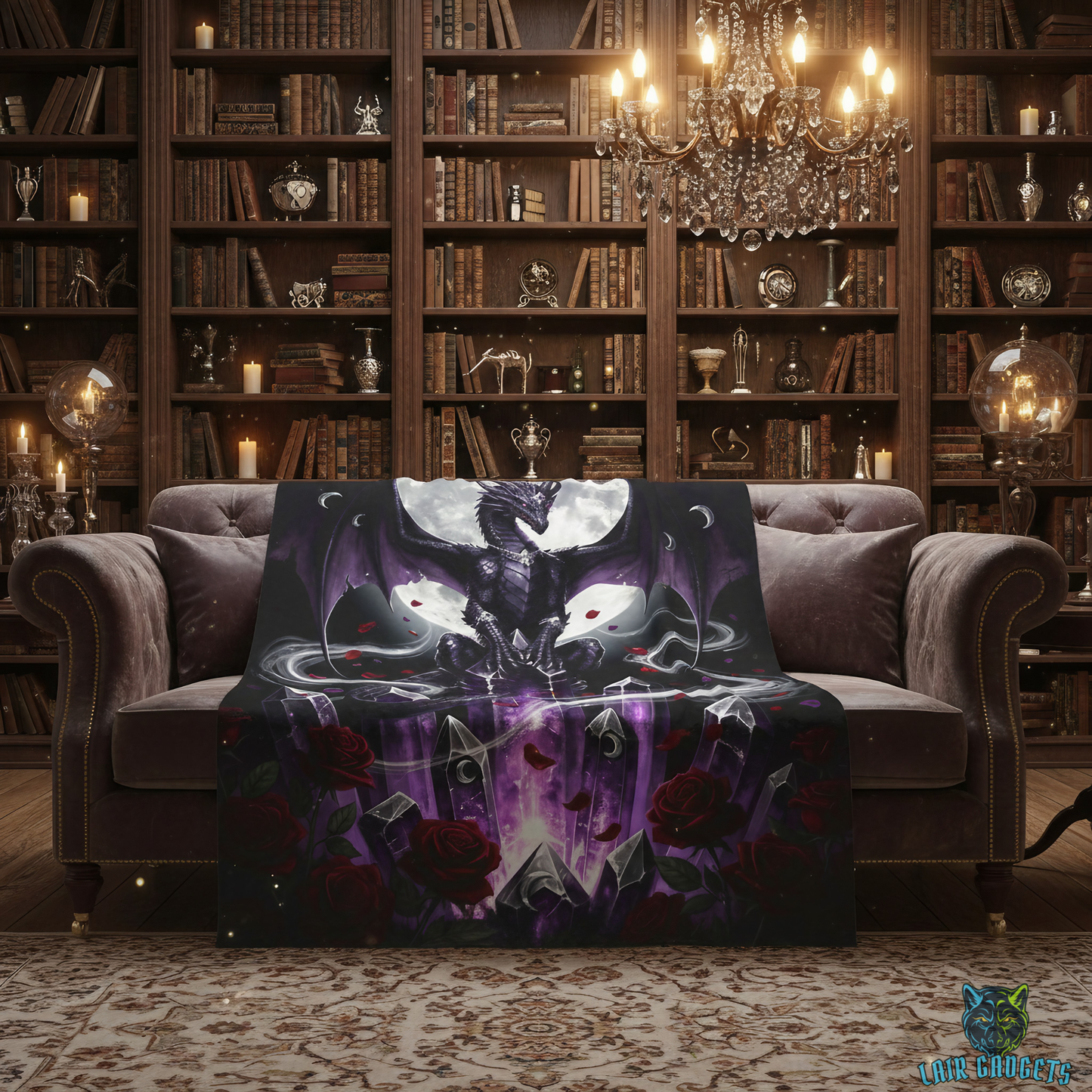 Dragon Throw Blanket  – Plush Gothic Fantasy Blanket for Couch Bed Sofa – Crystal Dragon Decor – Moonlit Obsidian by Lair Gadgets