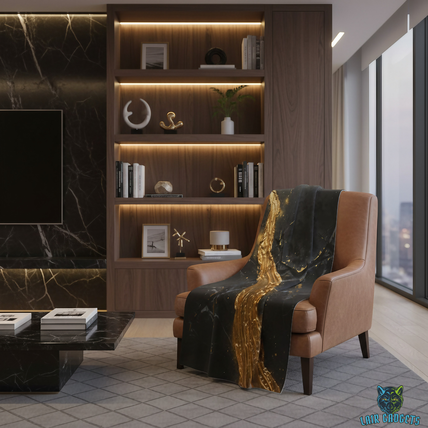 Abstract Throw Blanket 60x80 – Modern Luxury Black Gold Blanket for Couch Bed Sofa – Liquid Gold Fracture Decor – by Lair Gadgets