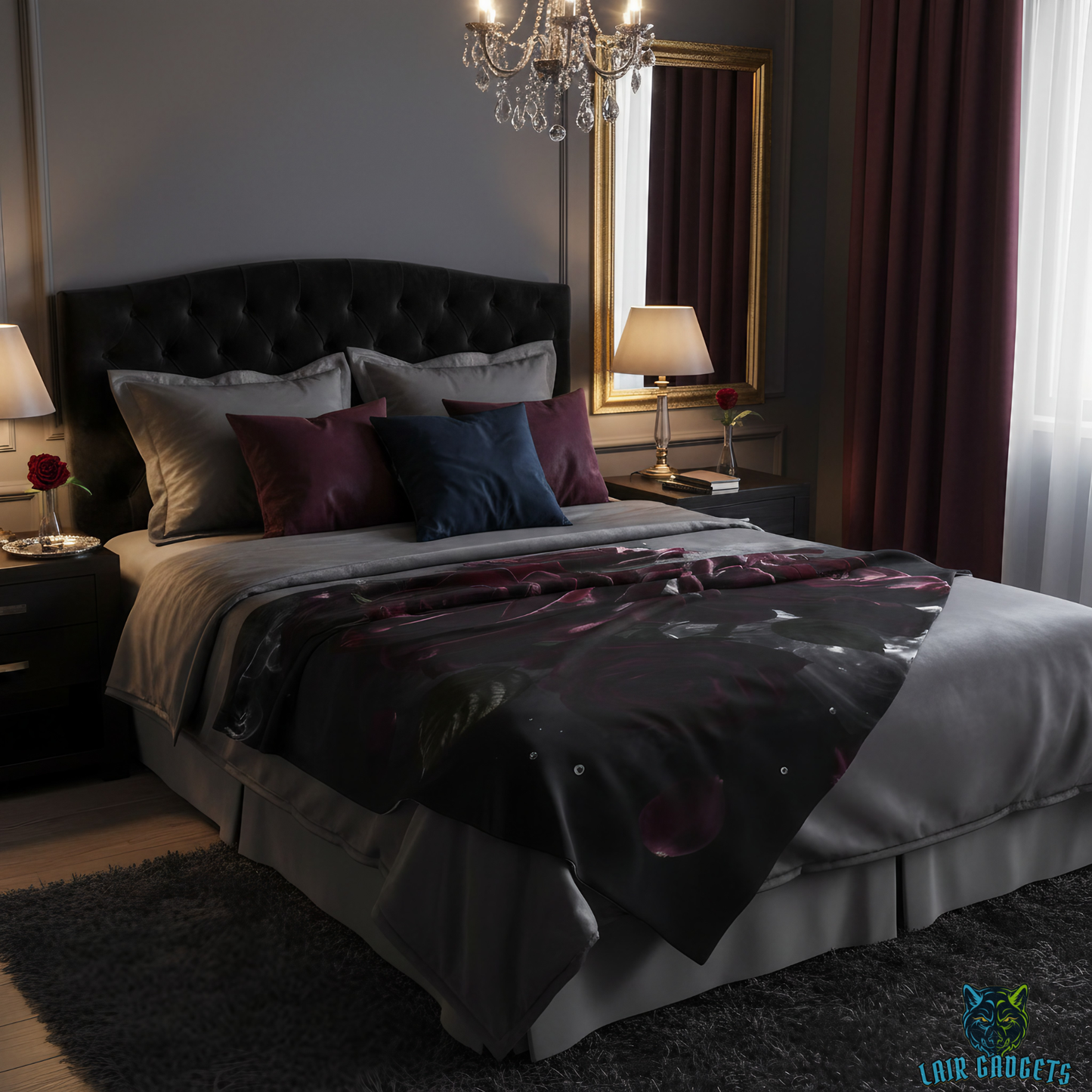 Rose Throw Blanket – Dark Floral Decor with Burgundy Blooms – Soft Plush Accent for Couch Bed Chair – by Lair Gadgets