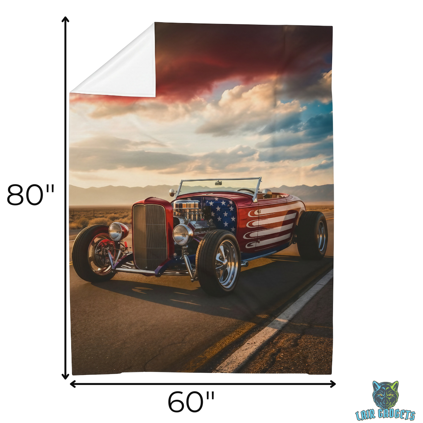 Hot Rod Throw Blanket 60x80 – American Flag Classic Car Artwork – Soft Plush Americana Decor for Couch Bed Chair – by Lair Gadgets