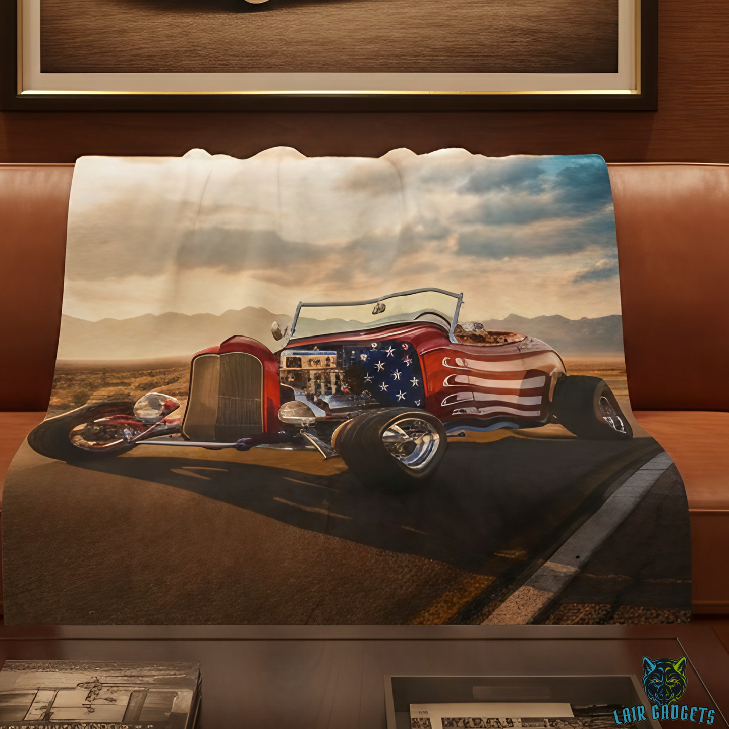 Hot Rod Throw Blanket 60x80 – American Flag Classic Car Artwork – Soft Plush Americana Decor for Couch Bed Chair – by Lair Gadgets