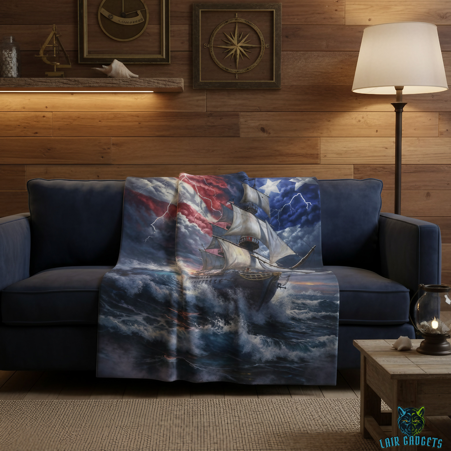 Sailing Ship Throw Blanket  – Patriotic Maritime Artwork Decor – Soft Plush Coastal Americana Accent for Couch Bed Chair – by Lair Gadgets