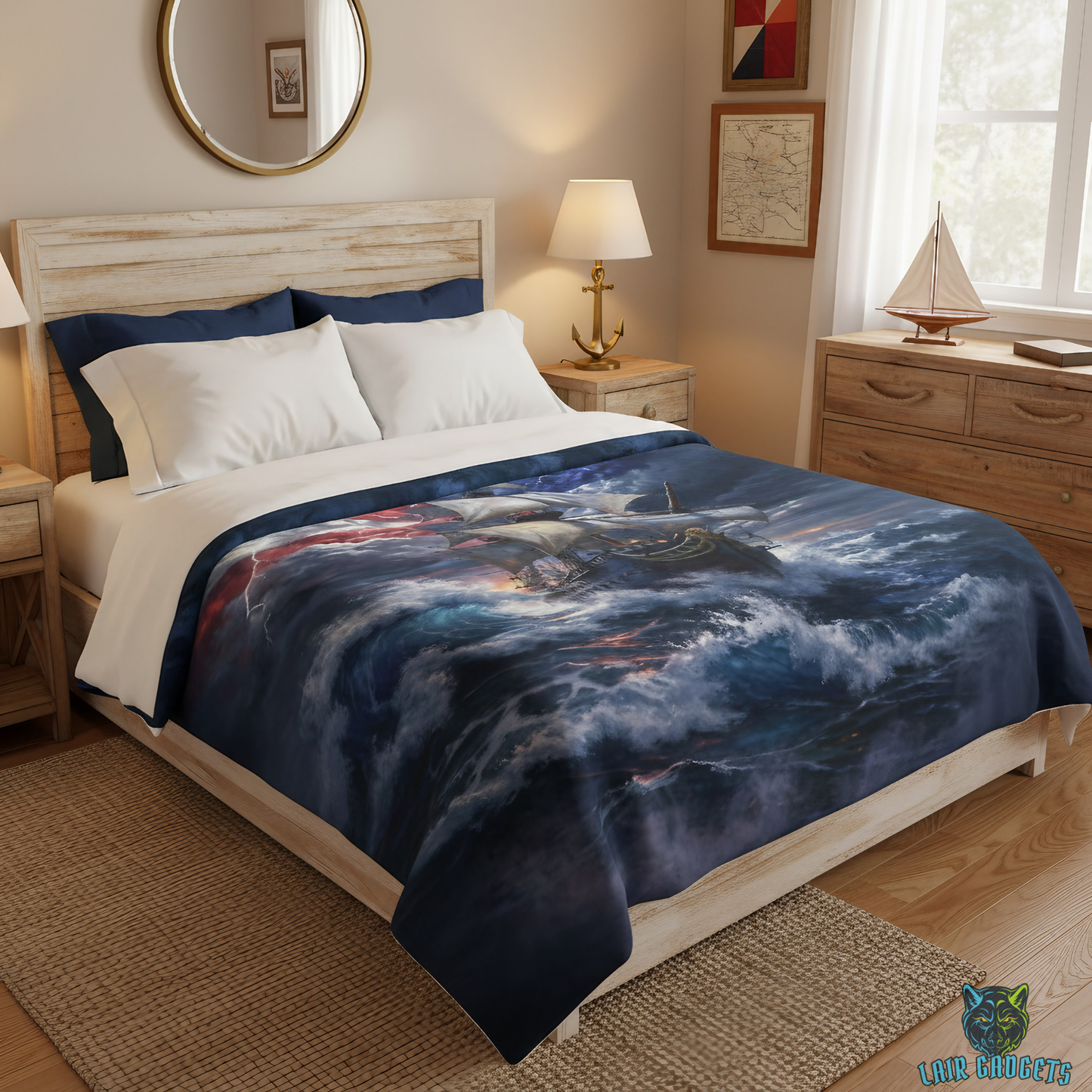 Sailing Ship Throw Blanket  – Patriotic Maritime Artwork Decor – Soft Plush Coastal Americana Accent for Couch Bed Chair – by Lair Gadgets