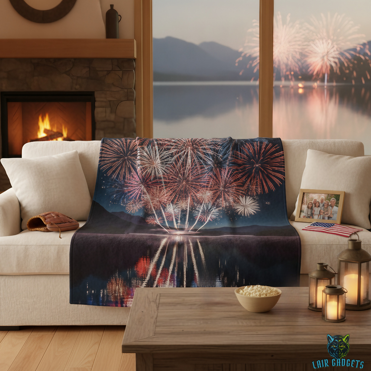 Fireworks Throw Blanket  – Patriotic Lake Celebration Decor – Soft Plush Americana Accent for Couch Bed Chair – by Lair Gadgets