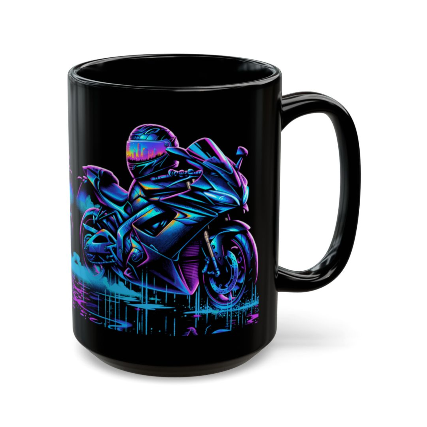 Motorcycle Coffee Mug – Neon Sport Bike Black Ceramic Mug for Riders and Biker Garage Decor – 15oz