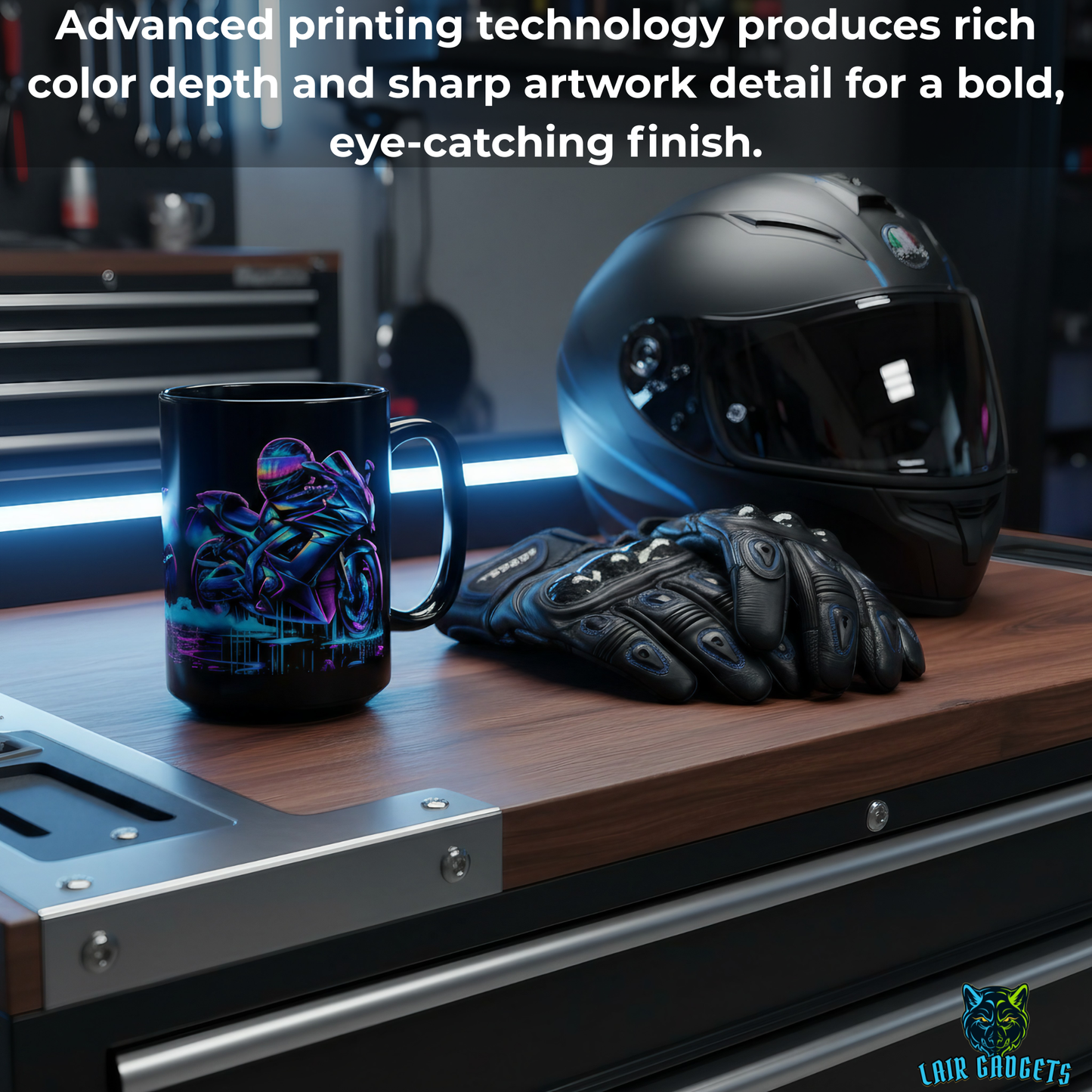 Motorcycle Coffee Mug – Neon Sport Bike Black Ceramic Mug for Riders and Biker Garage Decor – 15oz