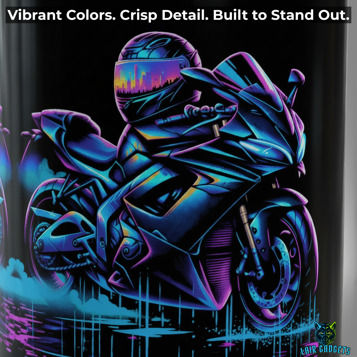 Motorcycle Coffee Mug – Neon Sport Bike Black Ceramic Mug for Riders and Biker Garage Decor – 15oz