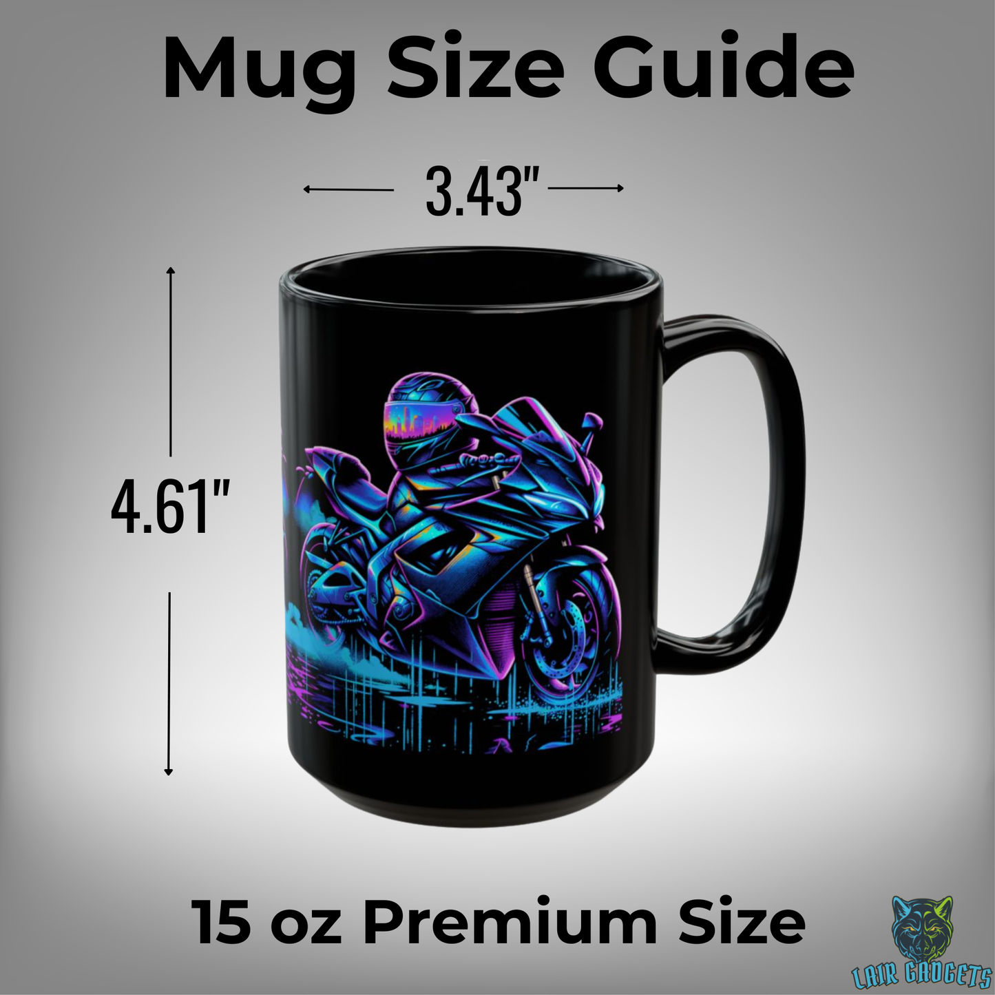 Motorcycle Coffee Mug – Neon Sport Bike Black Ceramic Mug for Riders and Biker Garage Decor – 15oz