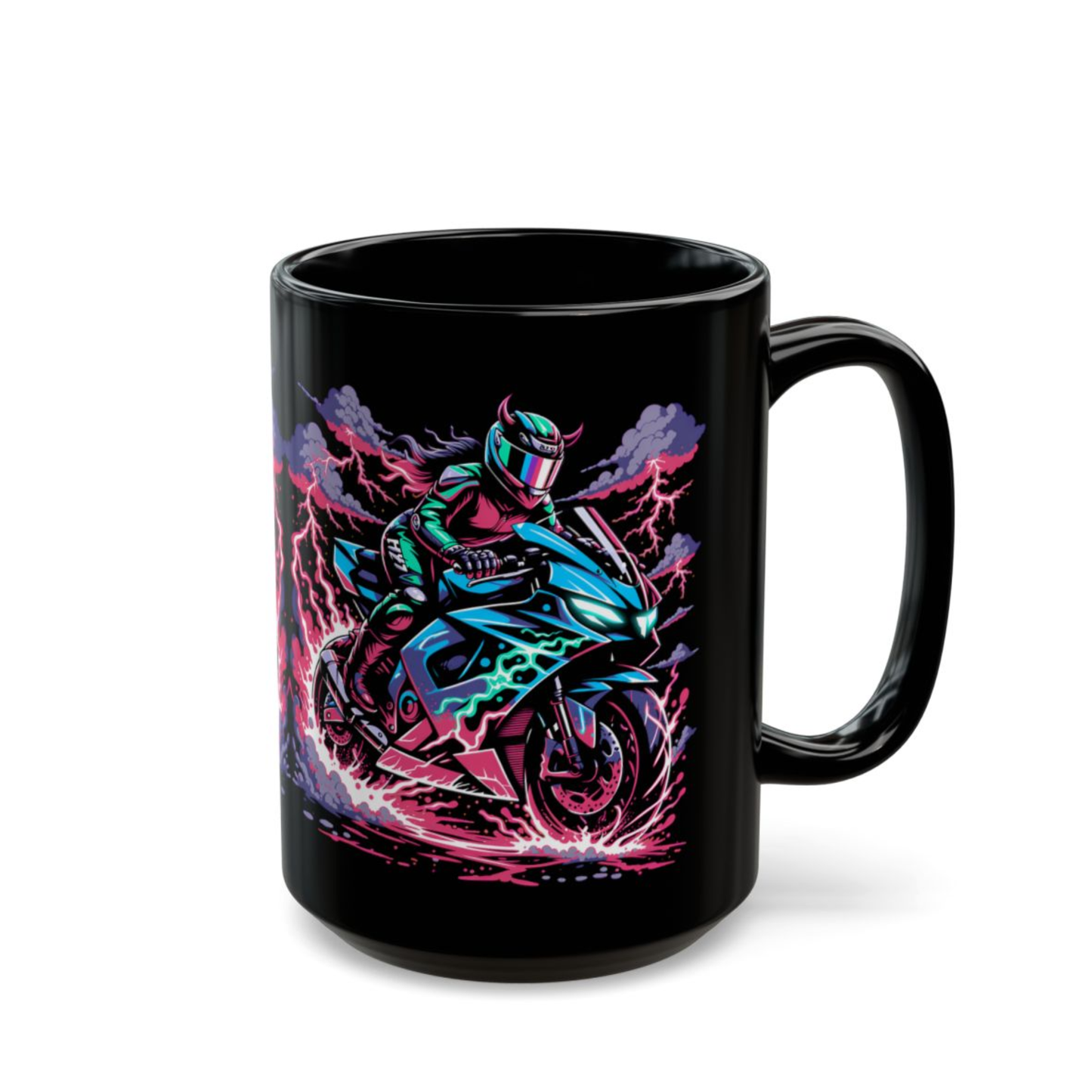 Motorcycle Coffee Mug – Electric Rider Black Ceramic Mug for Female Sportbike Riders and Women Motorcycle Enthusiasts – 15oz – by Lair Gadgets