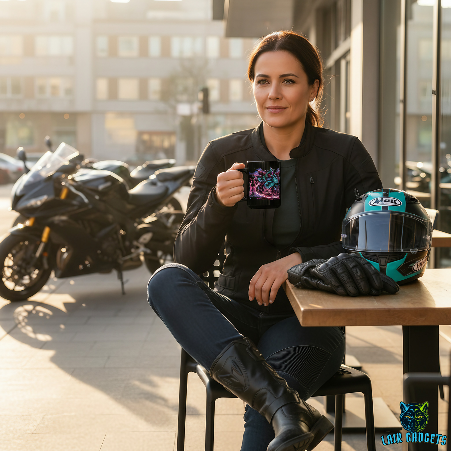 Motorcycle Coffee Mug – Electric Rider Black Ceramic Mug for Female Sportbike Riders and Women Motorcycle Enthusiasts – 15oz – by Lair Gadgets