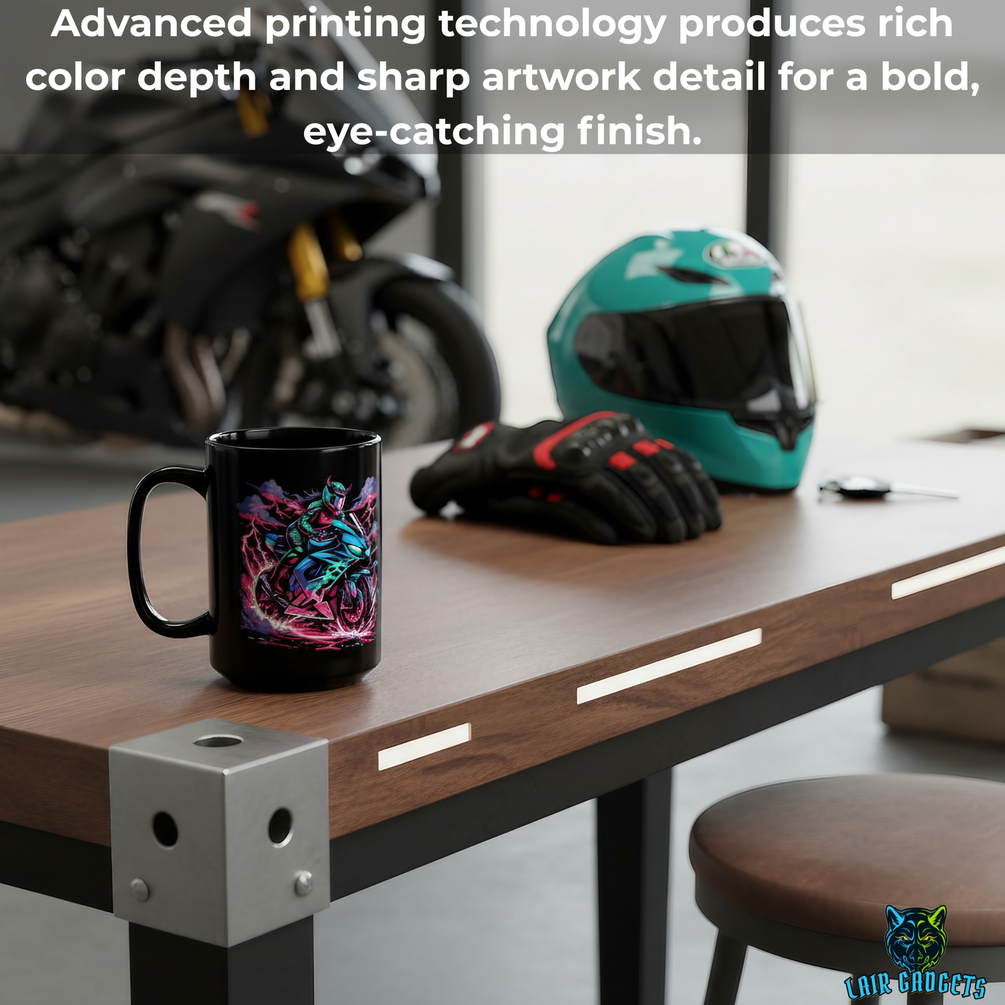 Motorcycle Coffee Mug – Electric Rider Black Ceramic Mug for Female Sportbike Riders and Women Motorcycle Enthusiasts – 15oz – by Lair Gadgets