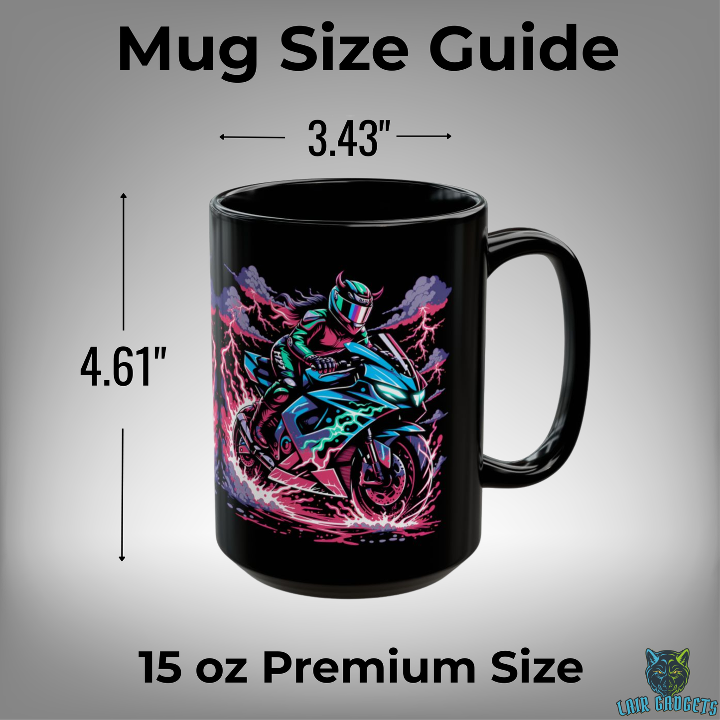 Motorcycle Coffee Mug – Electric Rider Black Ceramic Mug for Female Sportbike Riders and Women Motorcycle Enthusiasts – 15oz – by Lair Gadgets