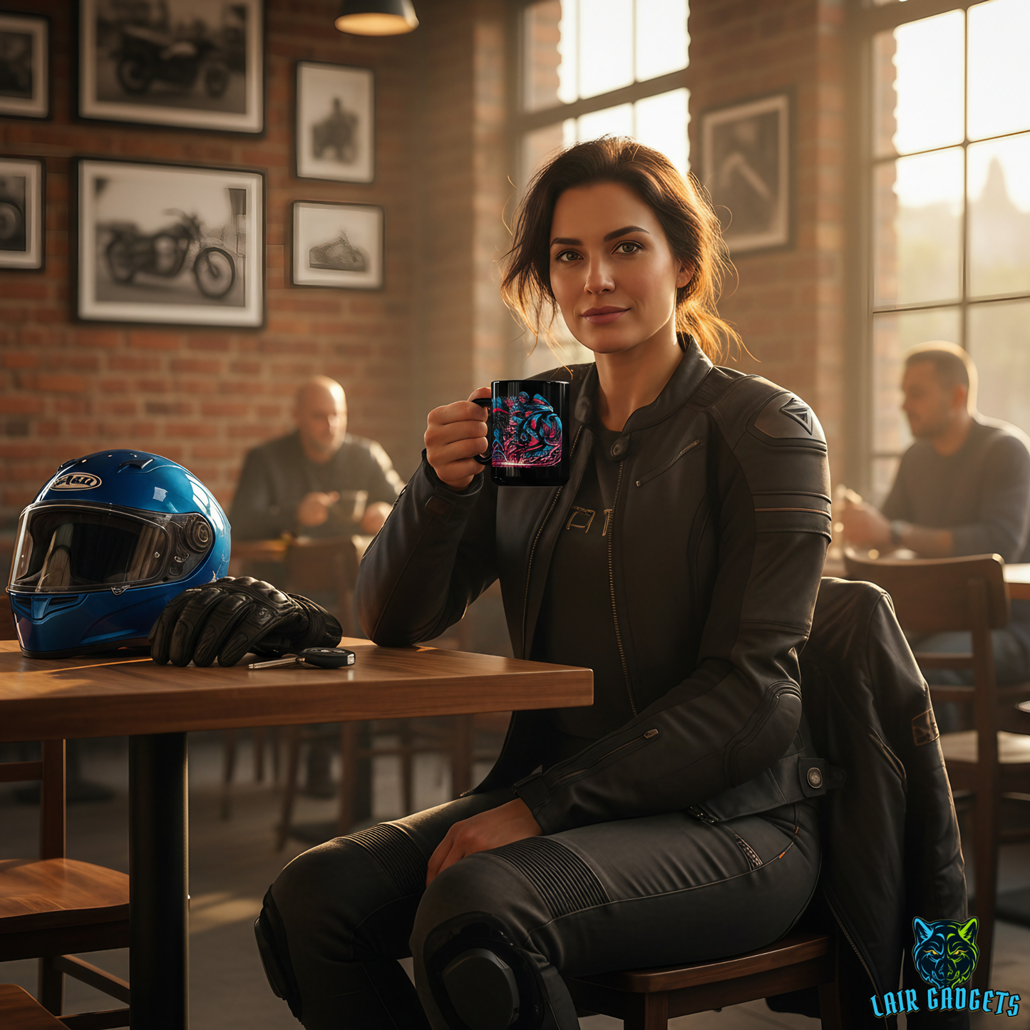 Motorcycle Coffee Mug – Thunder Wheelie Black Ceramic Mug for Female Sportbike Riders and Motorcycle Enthusiasts – 15oz – by Lair Gadgets