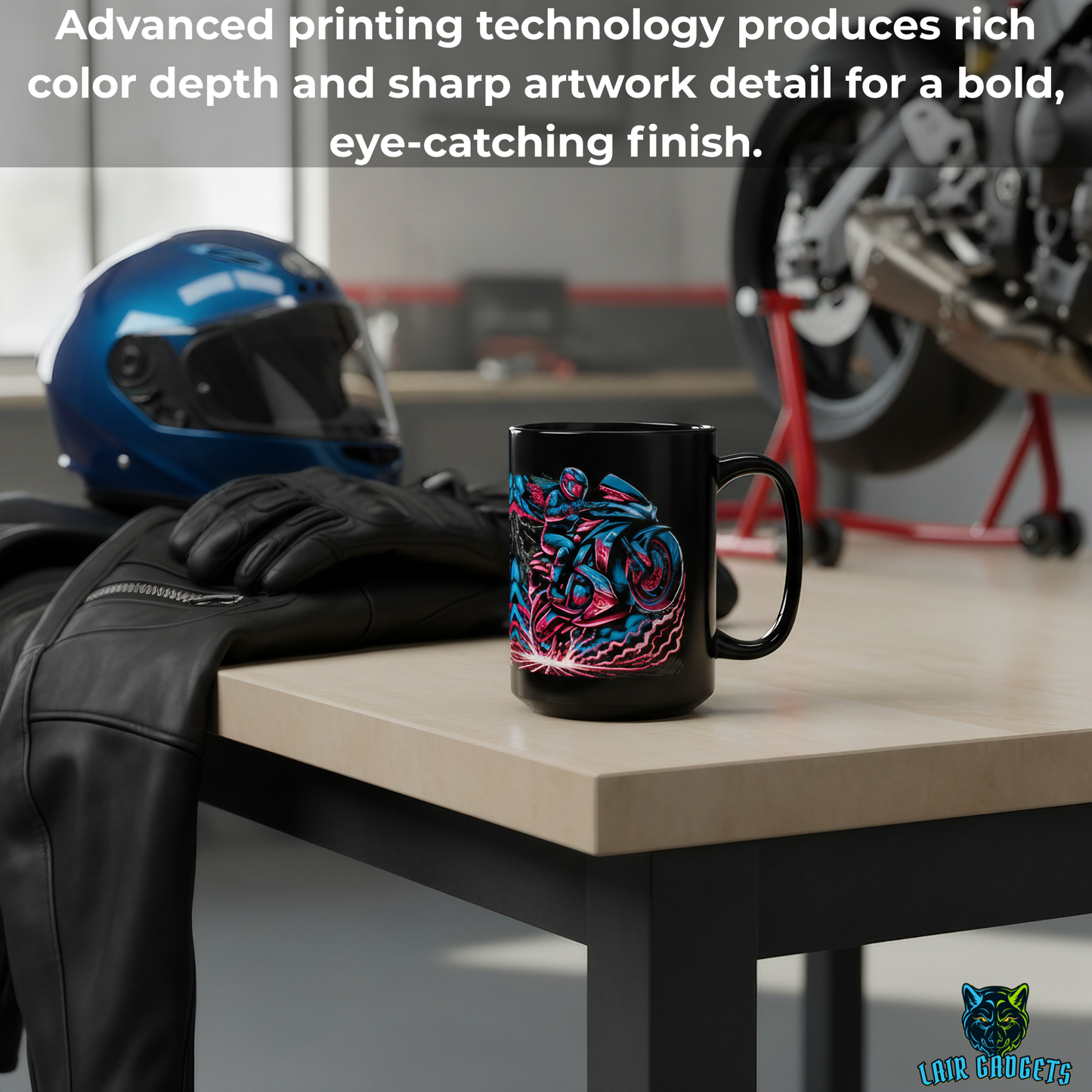 Motorcycle Coffee Mug – Thunder Wheelie Black Ceramic Mug for Female Sportbike Riders and Motorcycle Enthusiasts – 15oz – by Lair Gadgets