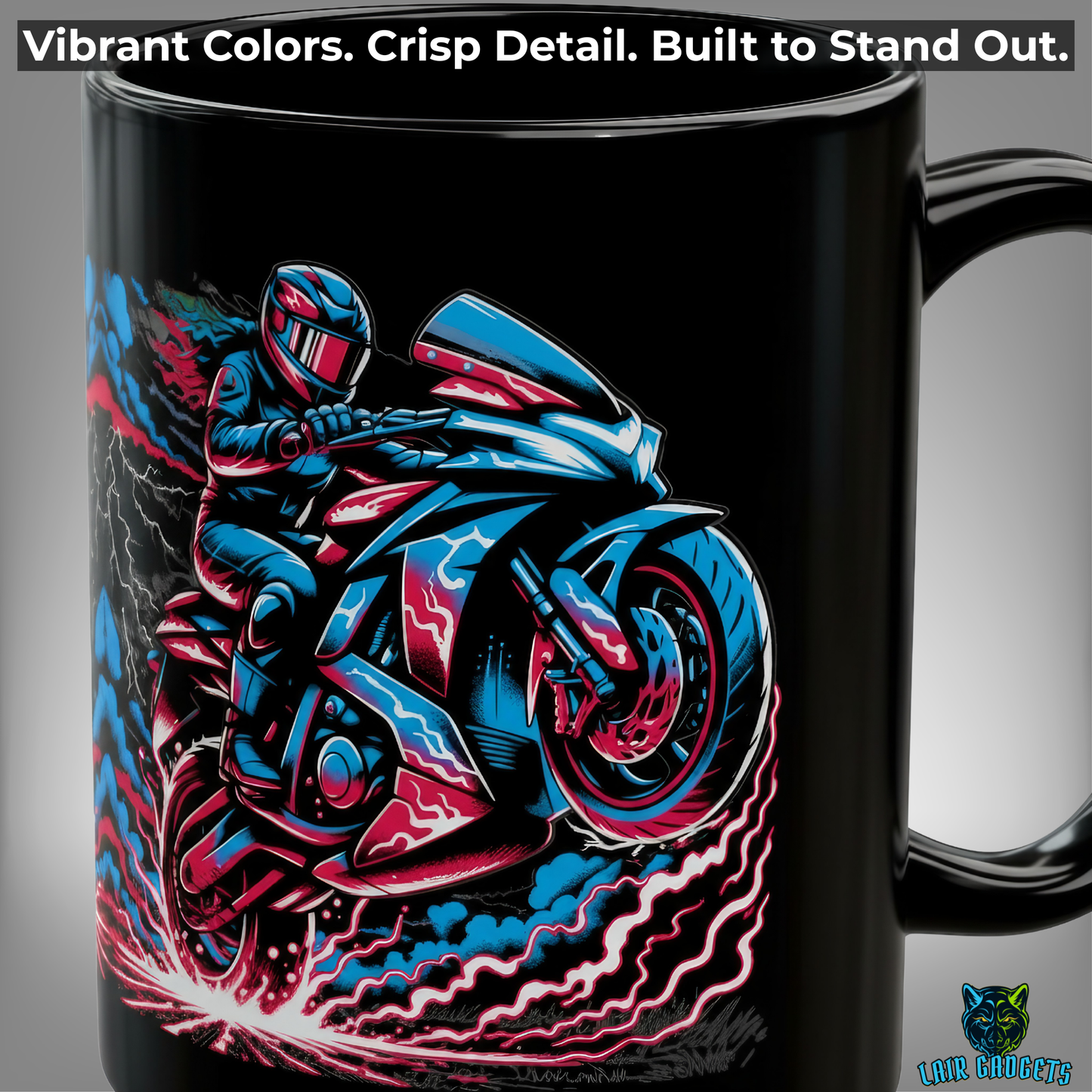 Motorcycle Coffee Mug – Thunder Wheelie Black Ceramic Mug for Female Sportbike Riders and Motorcycle Enthusiasts – 15oz – by Lair Gadgets