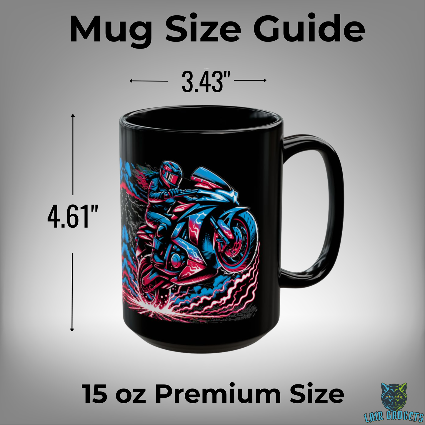 Motorcycle Coffee Mug – Thunder Wheelie Black Ceramic Mug for Female Sportbike Riders and Motorcycle Enthusiasts – 15oz – by Lair Gadgets