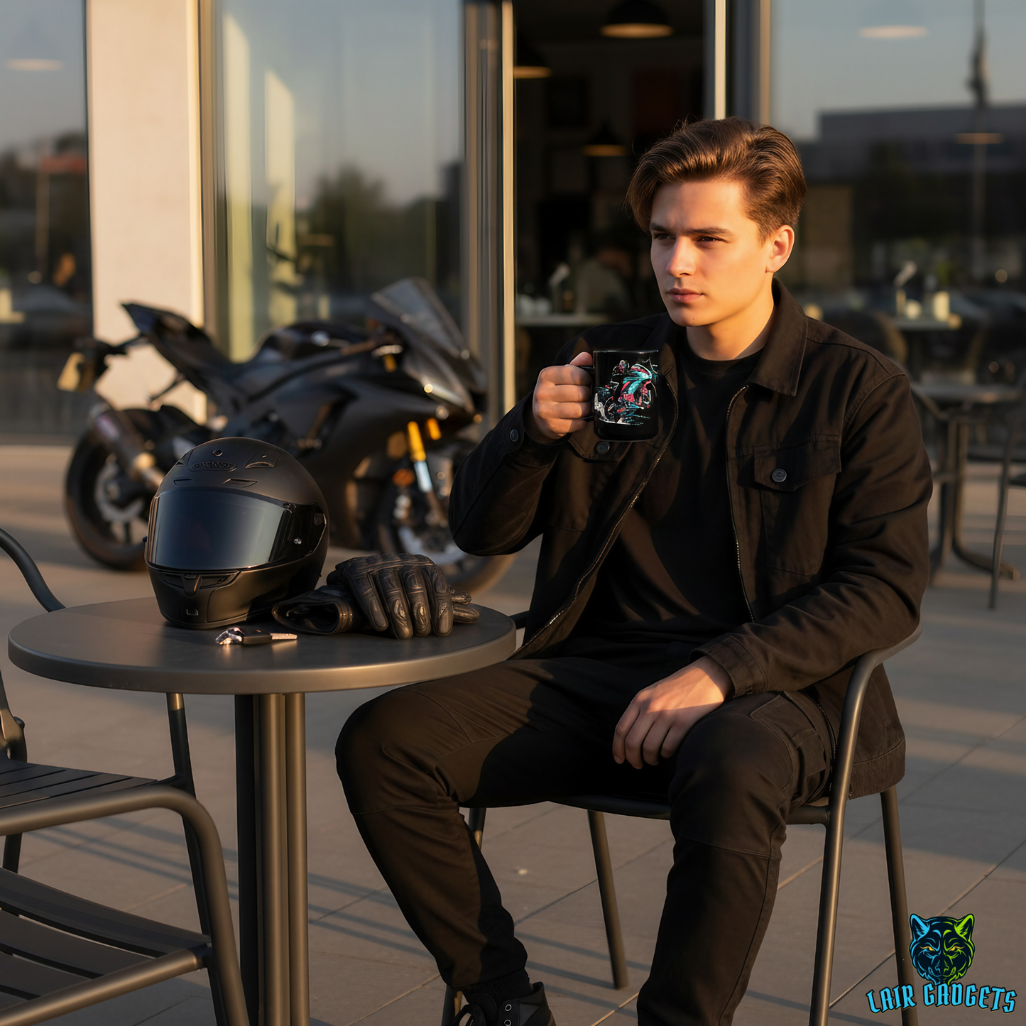 Motorcycle Coffee Mug – Electric Apex Black Ceramic Mug for Motorcycle Riders and Sportbike Enthusiasts – 15oz – by Lair Gadgets