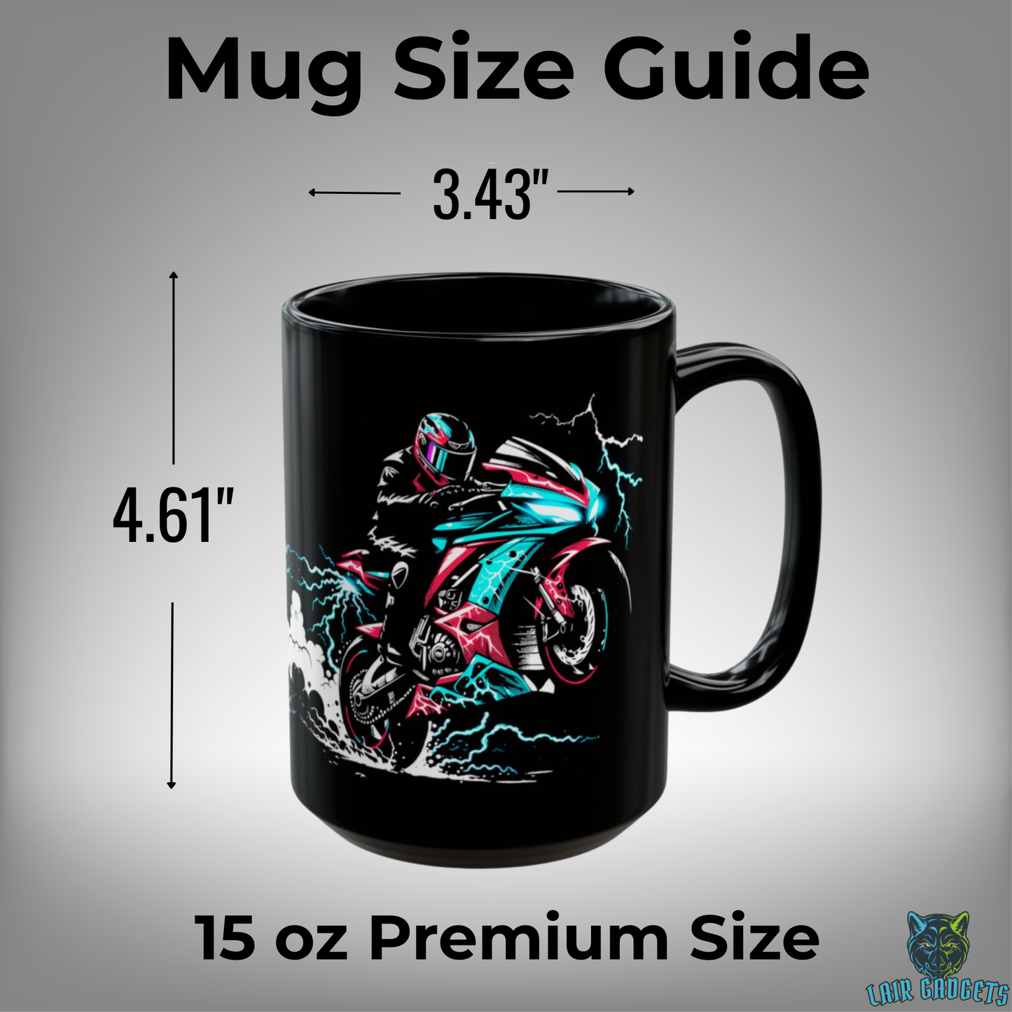 Motorcycle Coffee Mug – Electric Apex Black Ceramic Mug for Motorcycle Riders and Sportbike Enthusiasts – 15oz – by Lair Gadgets