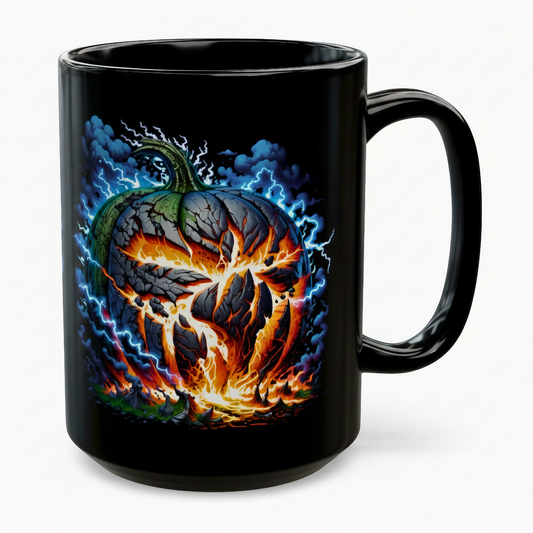Lightning Pumpkin Coffee Mug – Halloween Ceramic Coffee Cup with Elemental Pumpkin Artwork – Black 15oz Fall Coffee Mug