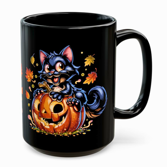 Halloween Cat Mug Cute Black Cat Pumpkin Design 15oz Ceramic