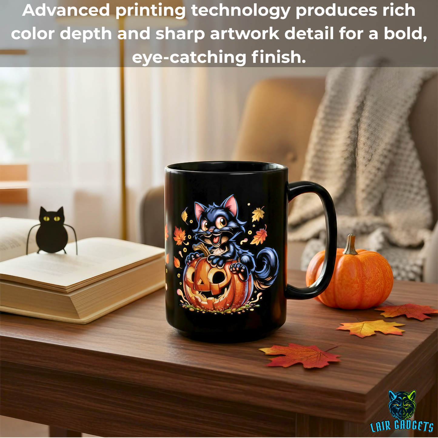 Halloween Cat Mug Cute Black Cat Pumpkin Design 15oz Ceramic
