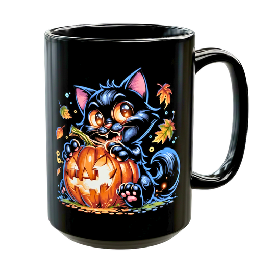 Halloween Cat Mug Cute Black Cat Pumpkin Design 15oz Ceramic