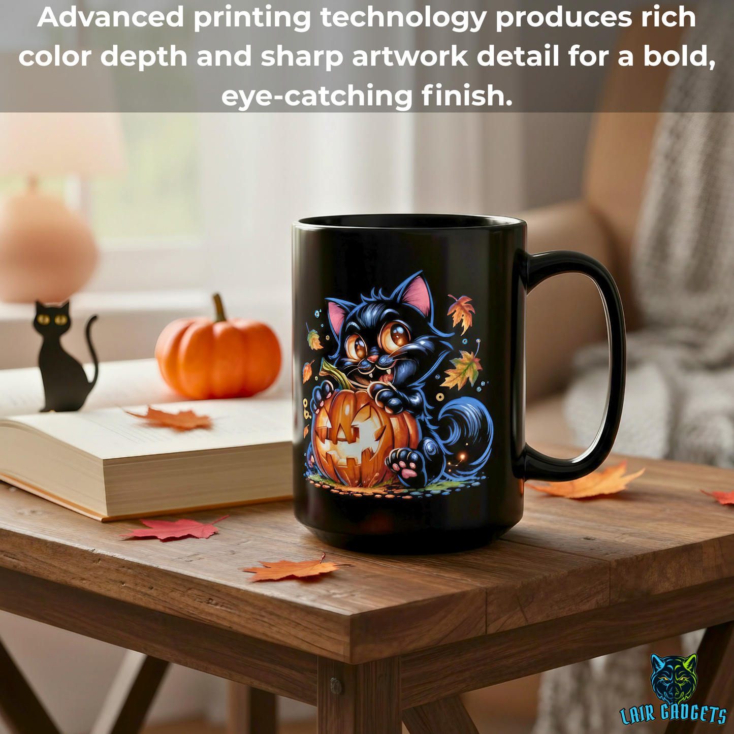 Halloween Cat Mug Cute Black Cat Pumpkin Design 15oz Ceramic