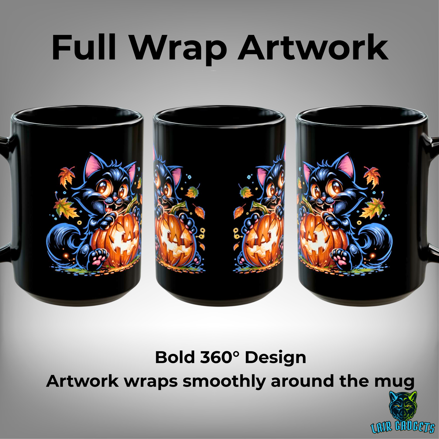 Halloween Cat Mug Cute Black Cat Pumpkin Design 15oz Ceramic