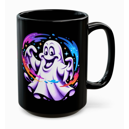 Ghost Mug Cute Halloween Cartoon Design Black 15oz Ceramic